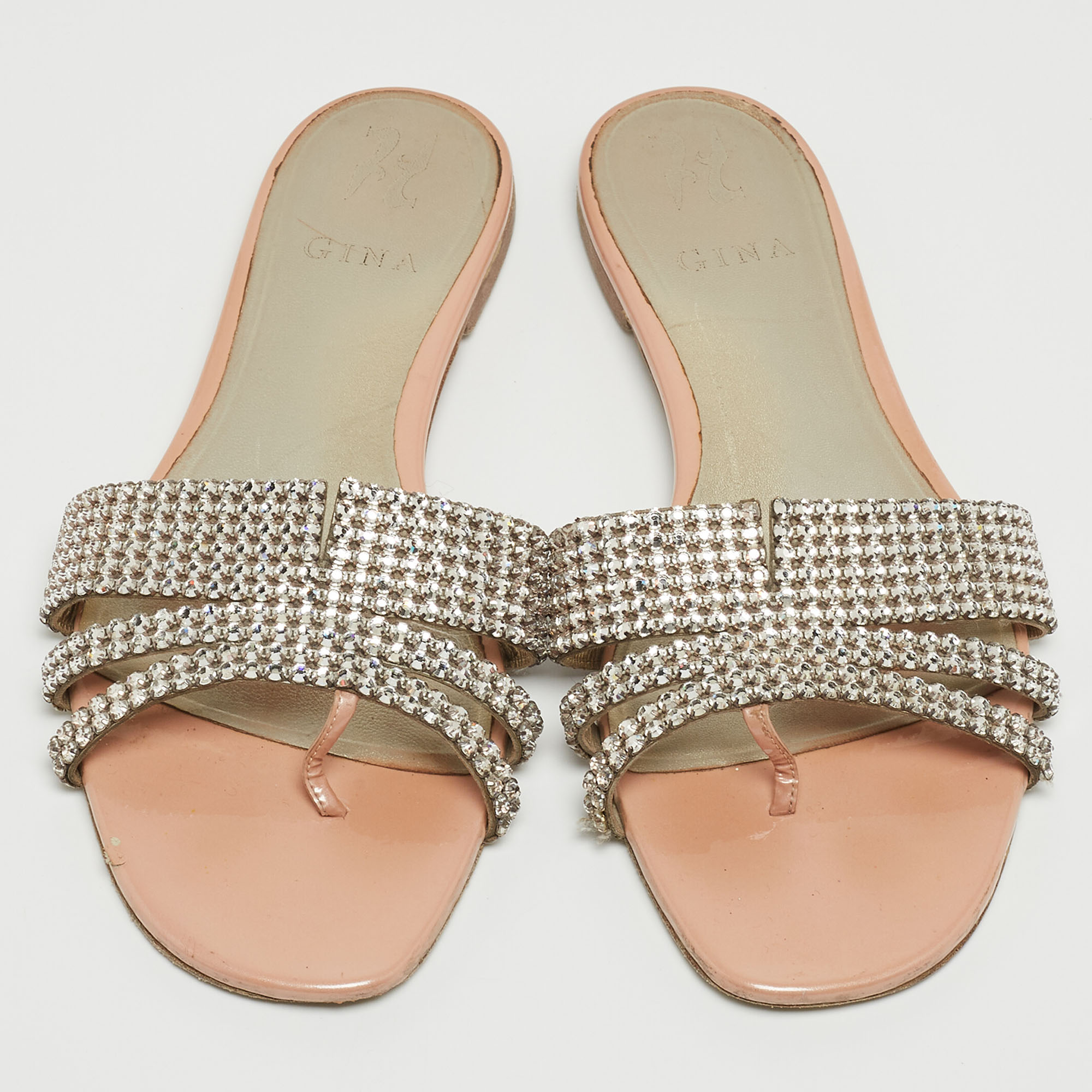 Gina Silver/Pink Crystal Embellished Leather Flat Slides Size 40.5