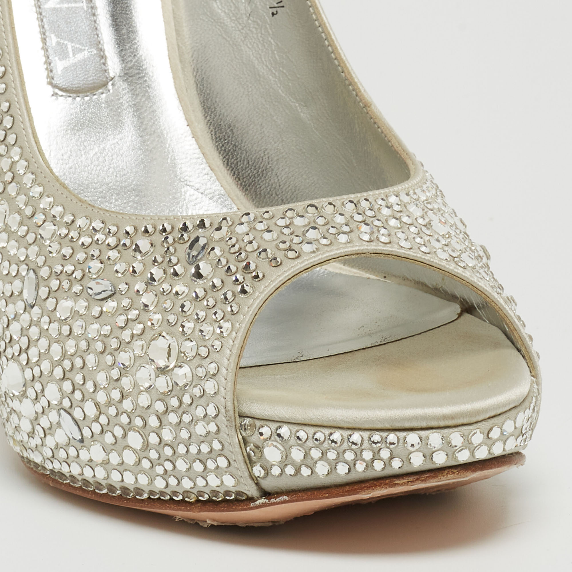 Gina Silver Crystal Embellished Satin Open-Toe Platform Slingback Sandals Size 39.5