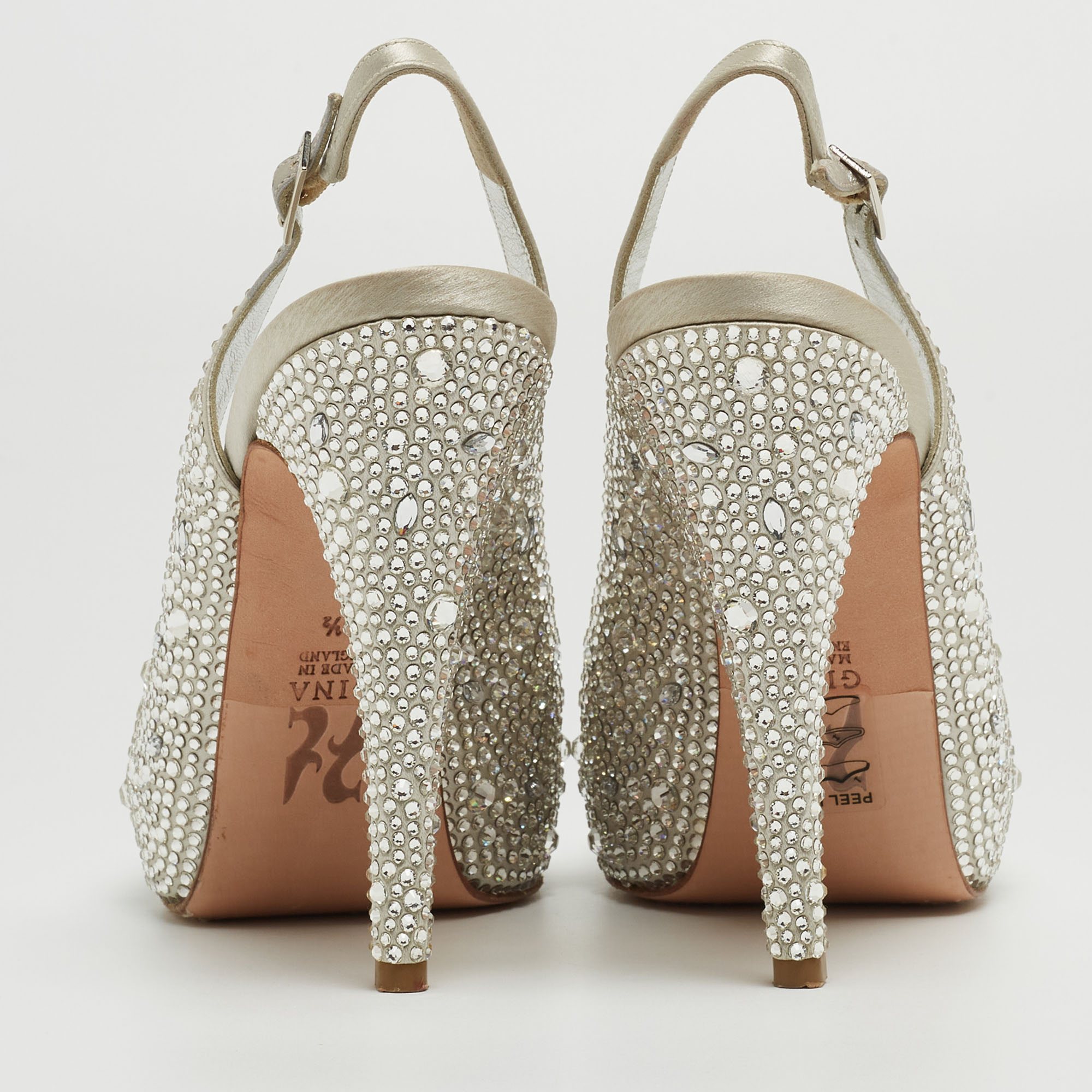 Gina Silver Crystal Embellished Satin Open-Toe Platform Slingback Sandals Size 39.5