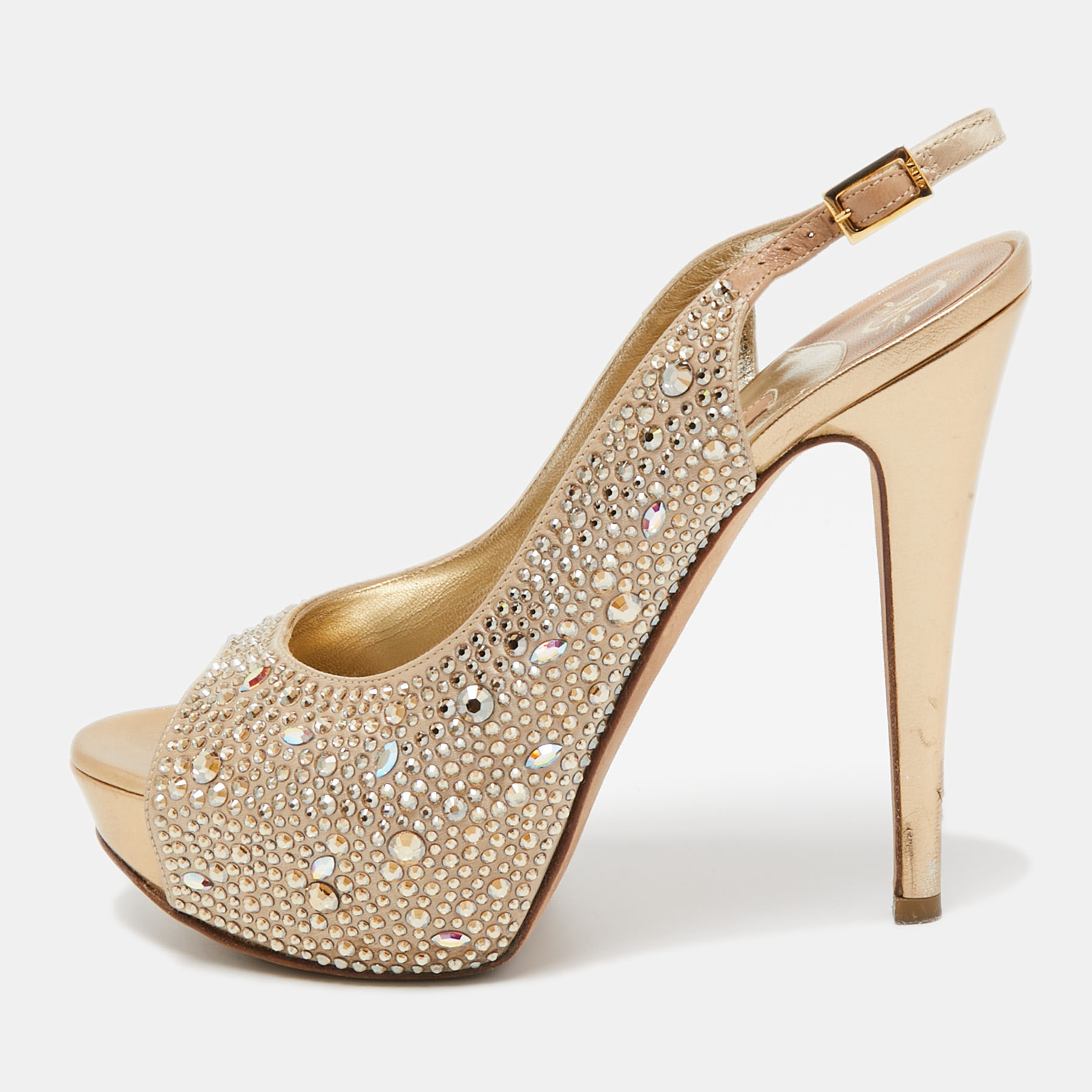 Gina Gold Satin Crystal Embellished Peep Toe Platform Pumps Size 38
