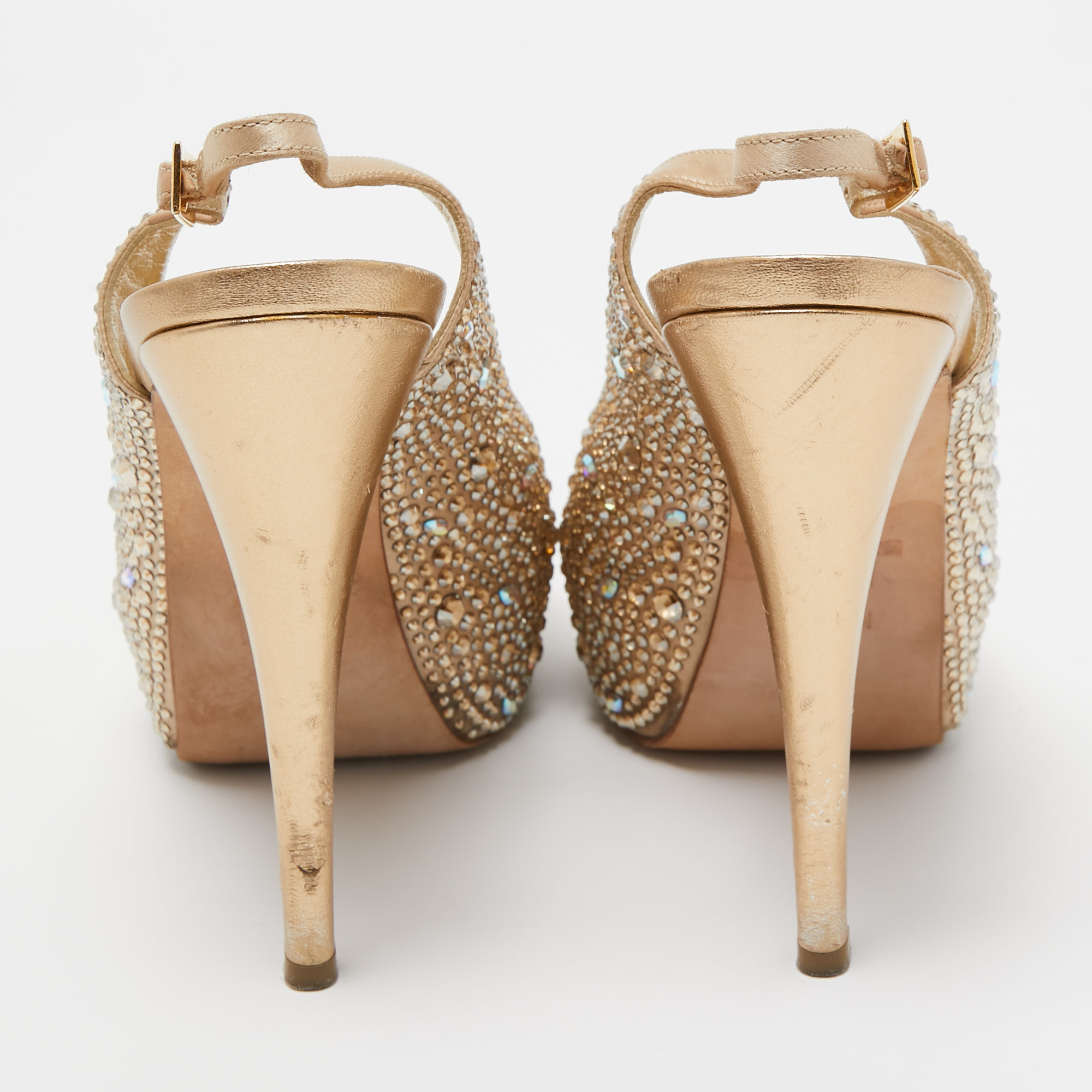 Gina Gold Satin Crystal Embellished Peep Toe Platform Pumps Size 38
