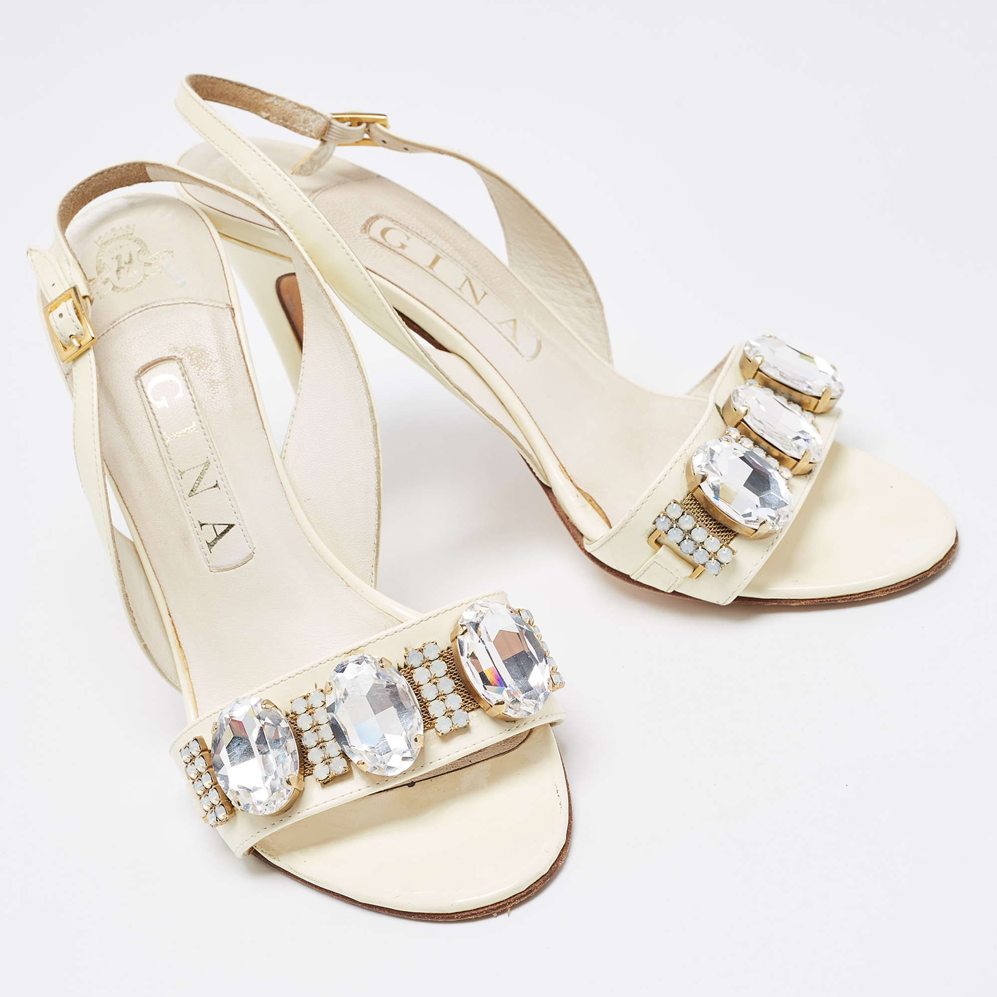 Gina Cream Patent Leather Crystal Embellished Slingback Sandals Size 38
