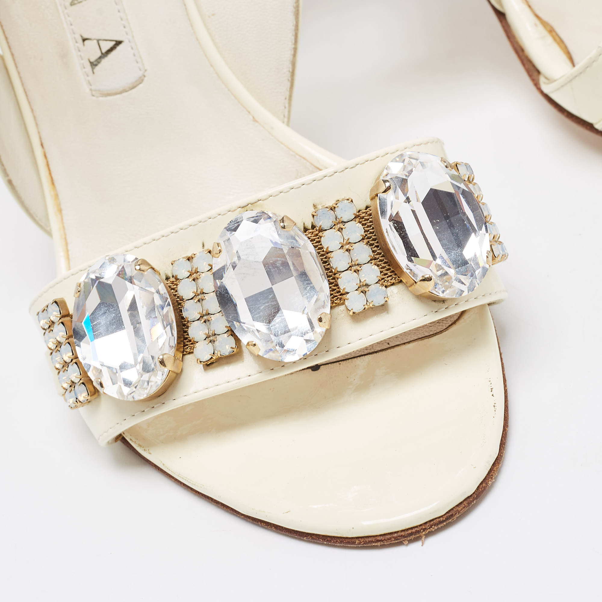 Gina Cream Patent Leather Crystal Embellished Slingback Sandals Size 38