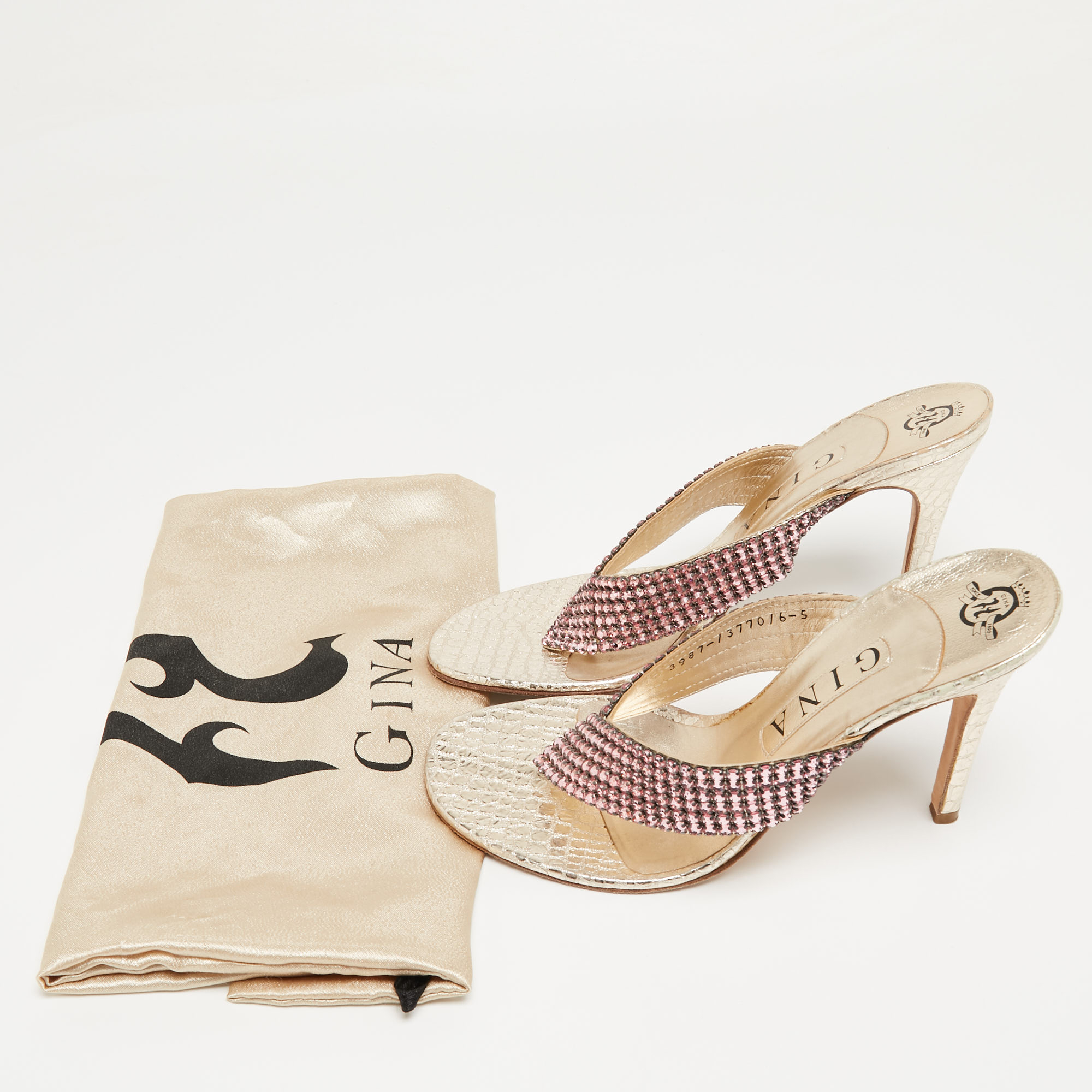 Gina Gold Leather Crystal Embellished Thong Sandals Size 38