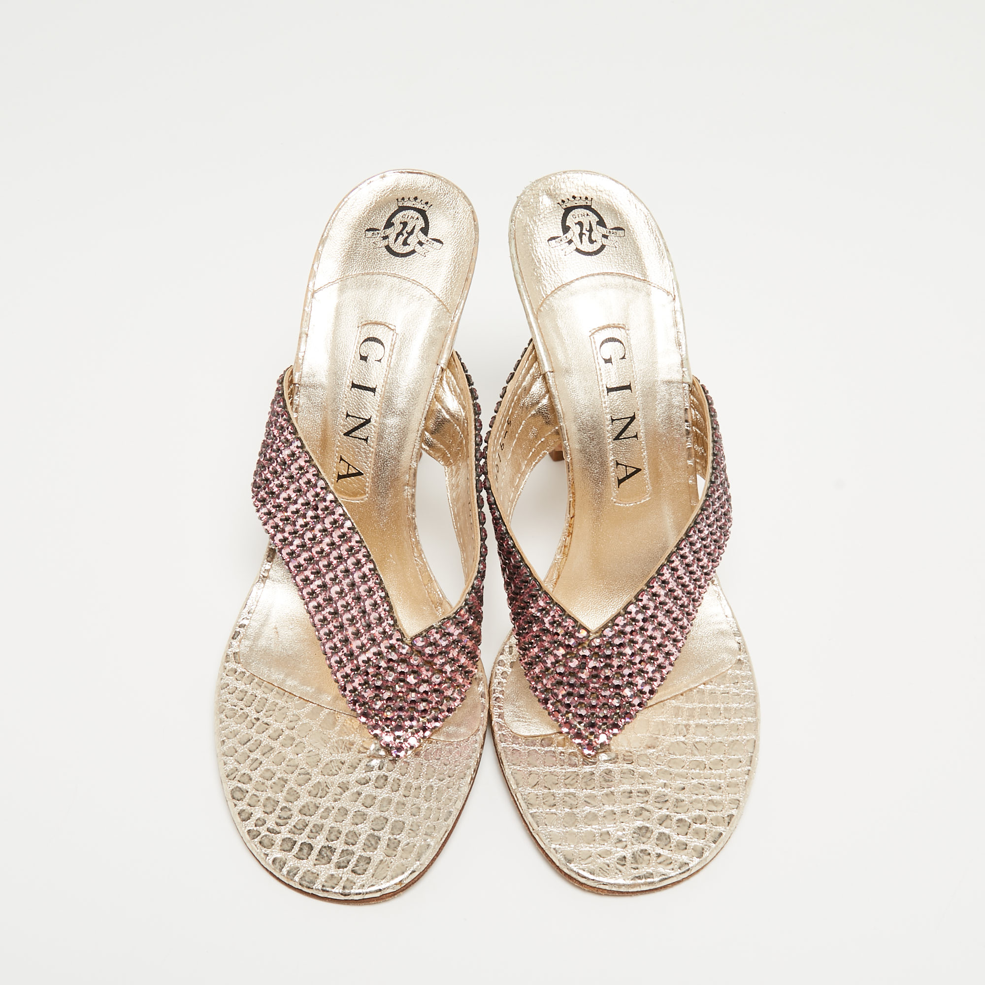 Gina Gold Leather Crystal Embellished Thong Sandals Size 38