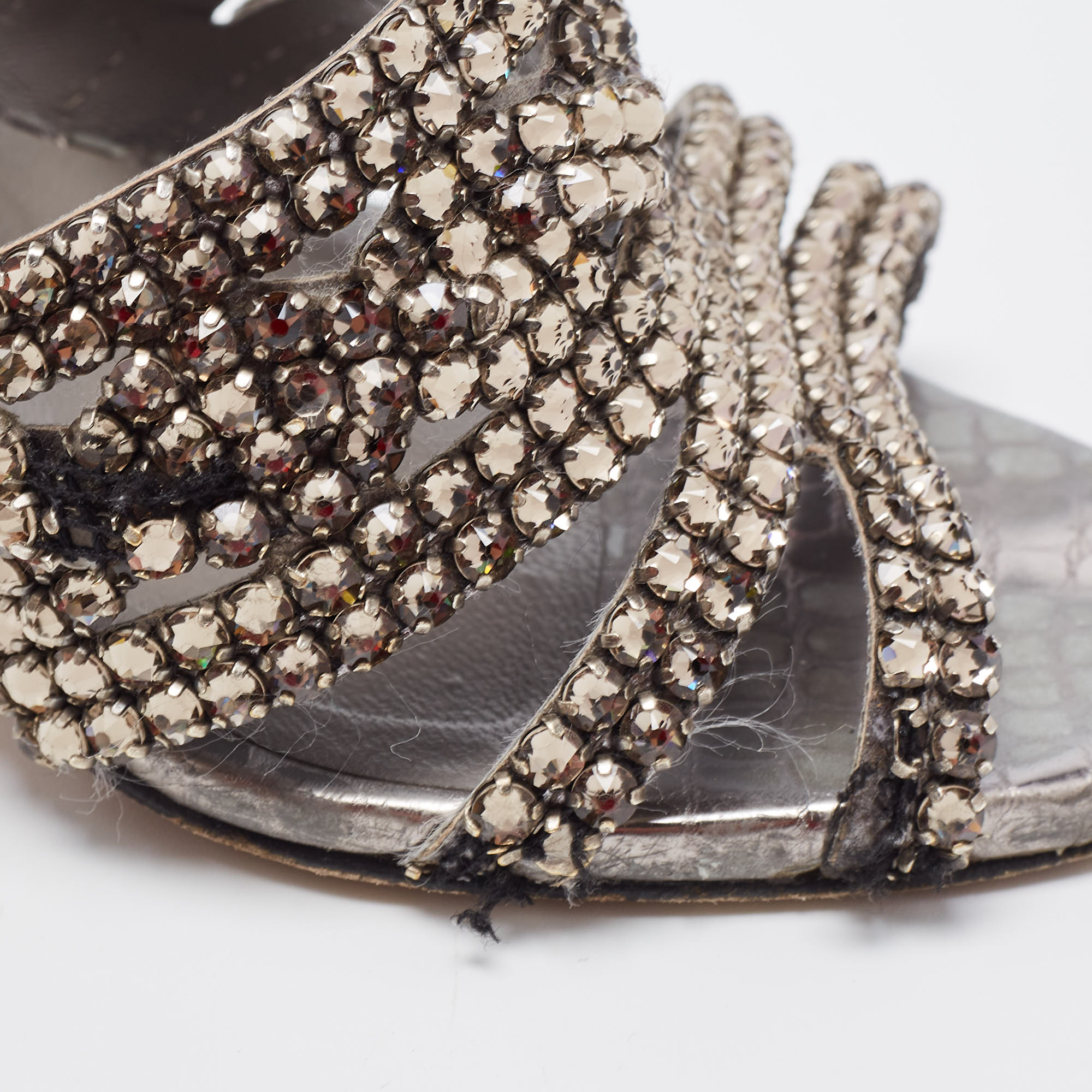 Gina Metallic Grey Crystal Embellished Leather Slide Sandals Size 37.5