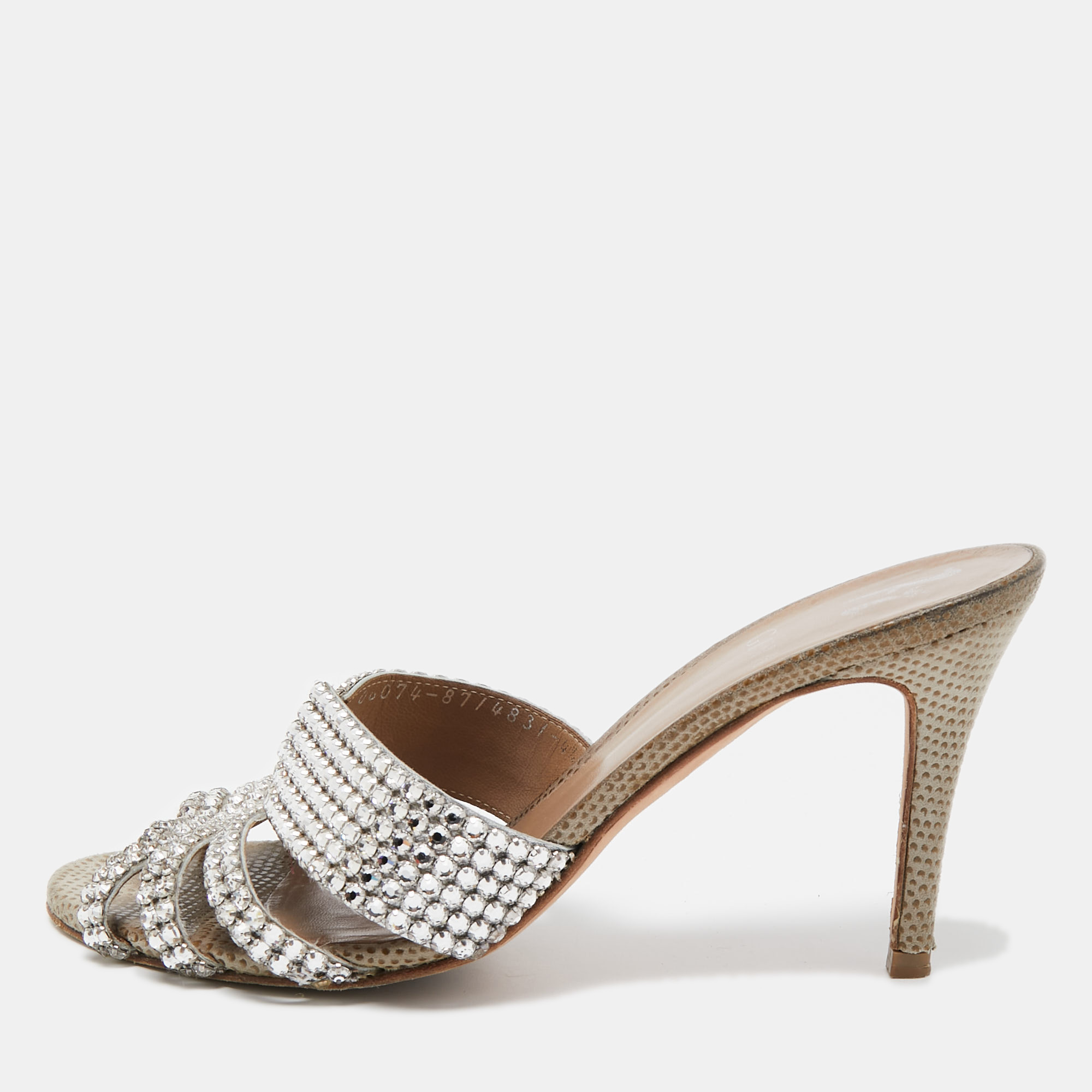 Gina Silver Crystal Embellished Leather Slide Sandals Size 37.5