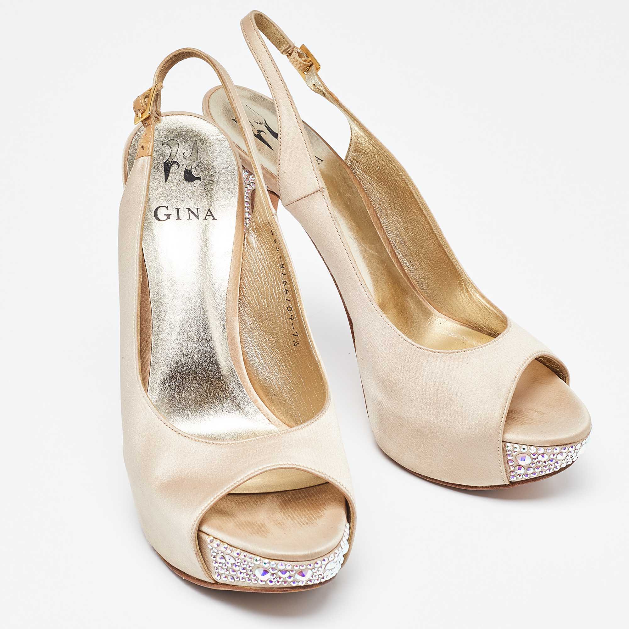 Gina Beige Satin Crystal Embellished Peep Toe Slingback Platform Sandals Size 40.5