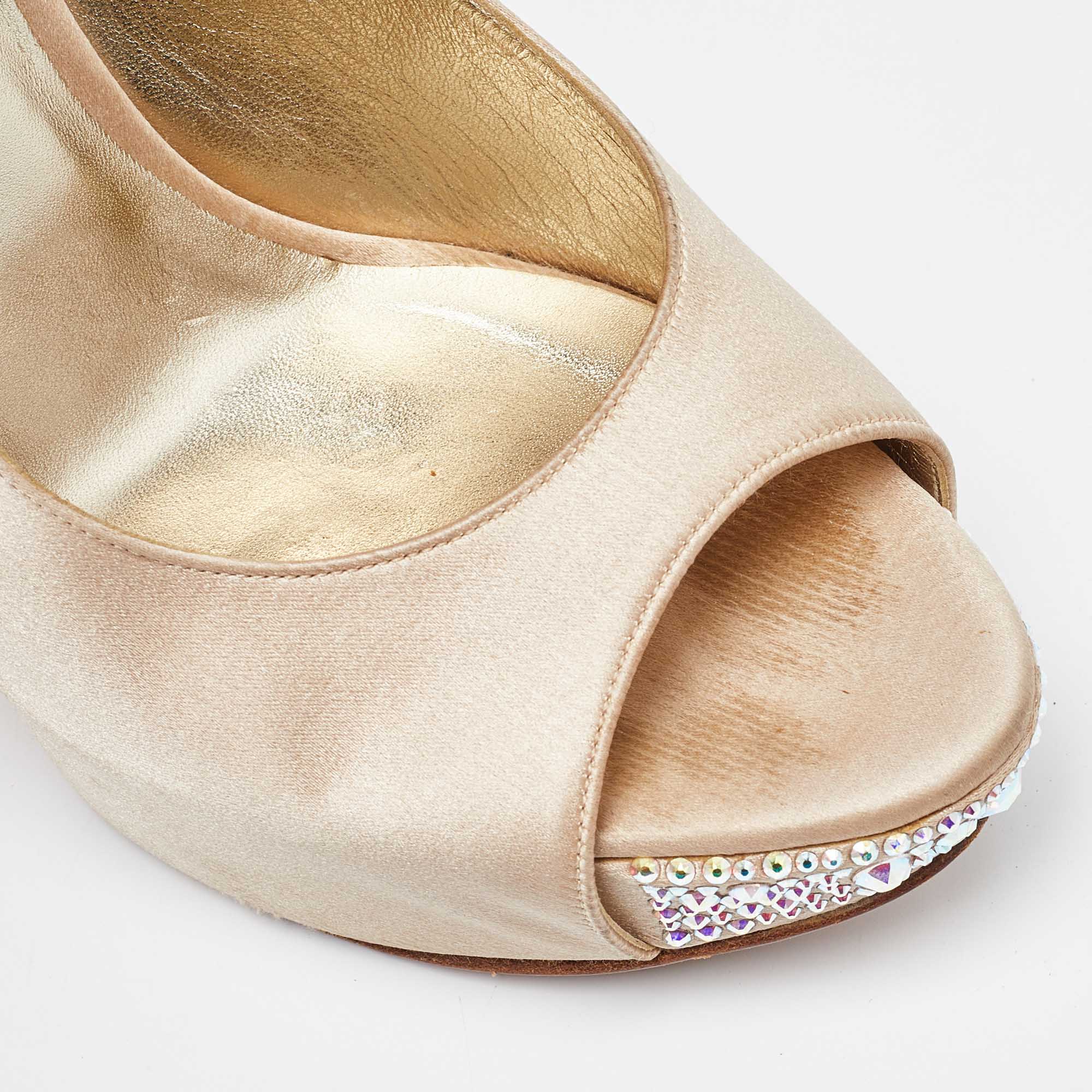 Gina Beige Satin Crystal Embellished Peep Toe Slingback Platform Sandals Size 40.5