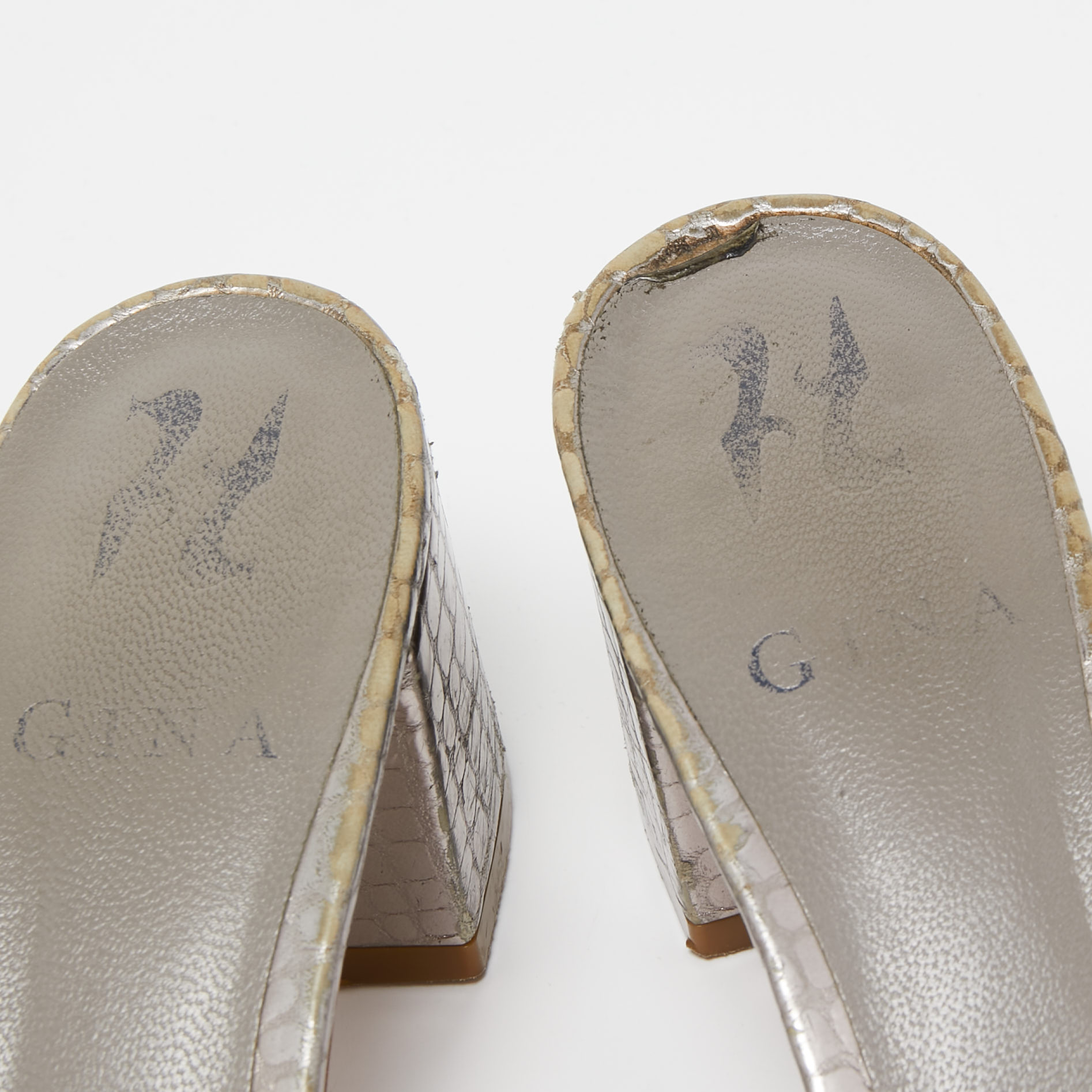 Gina Metallic Grey Crystal Embellished Leather Slide Sandals Size 37.5