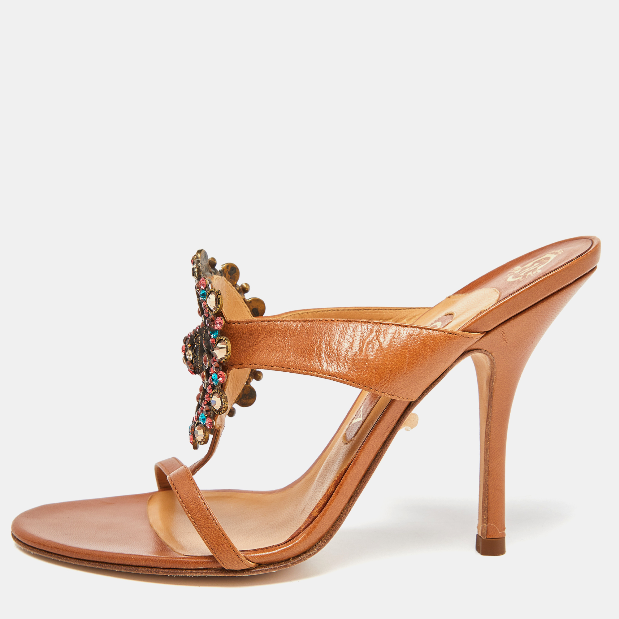 Gina tan leather crystal embellished slide sandals size 38.5
