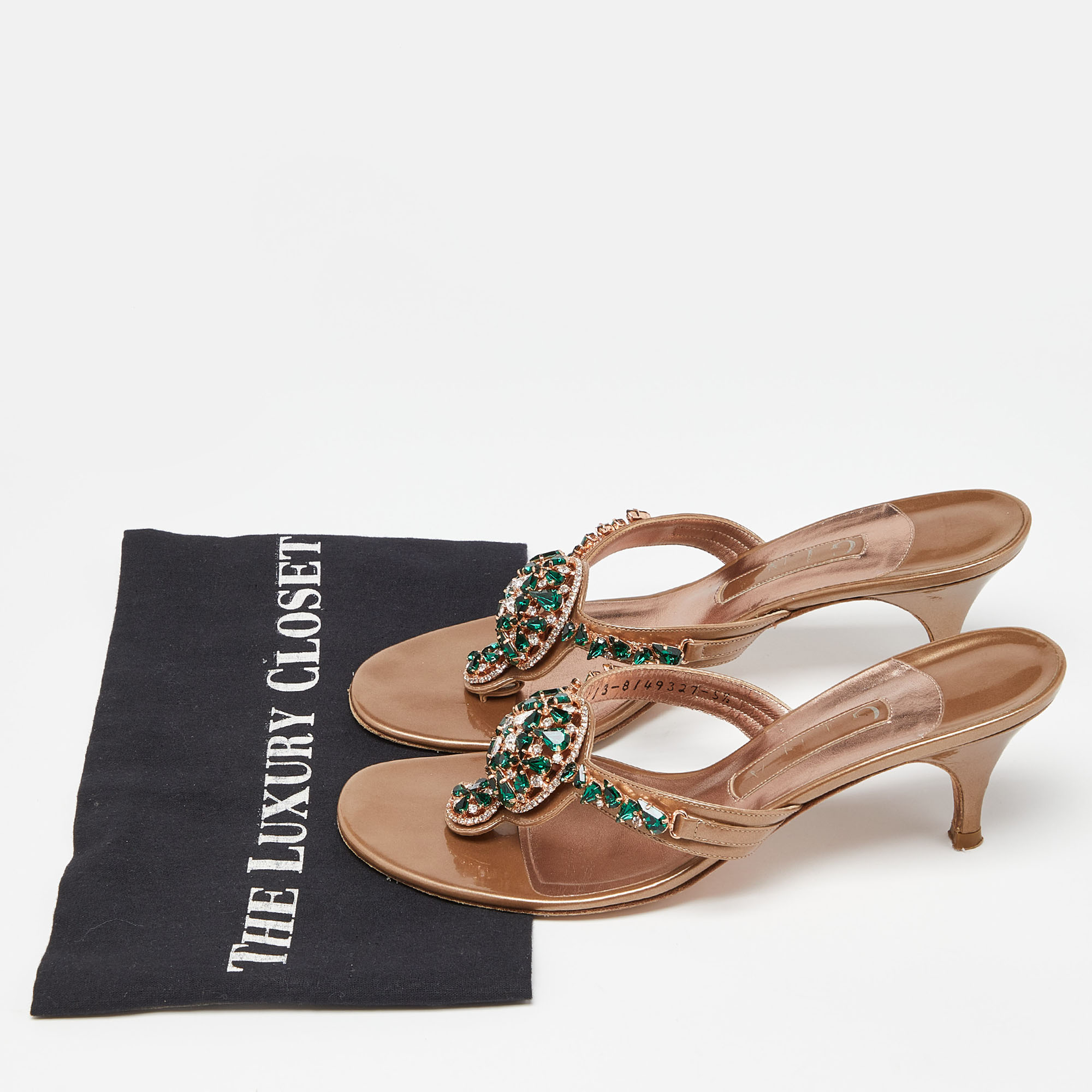 Gina Brown Patent Leather Crystal Embellished Thong Slide Sandals Size 38.5