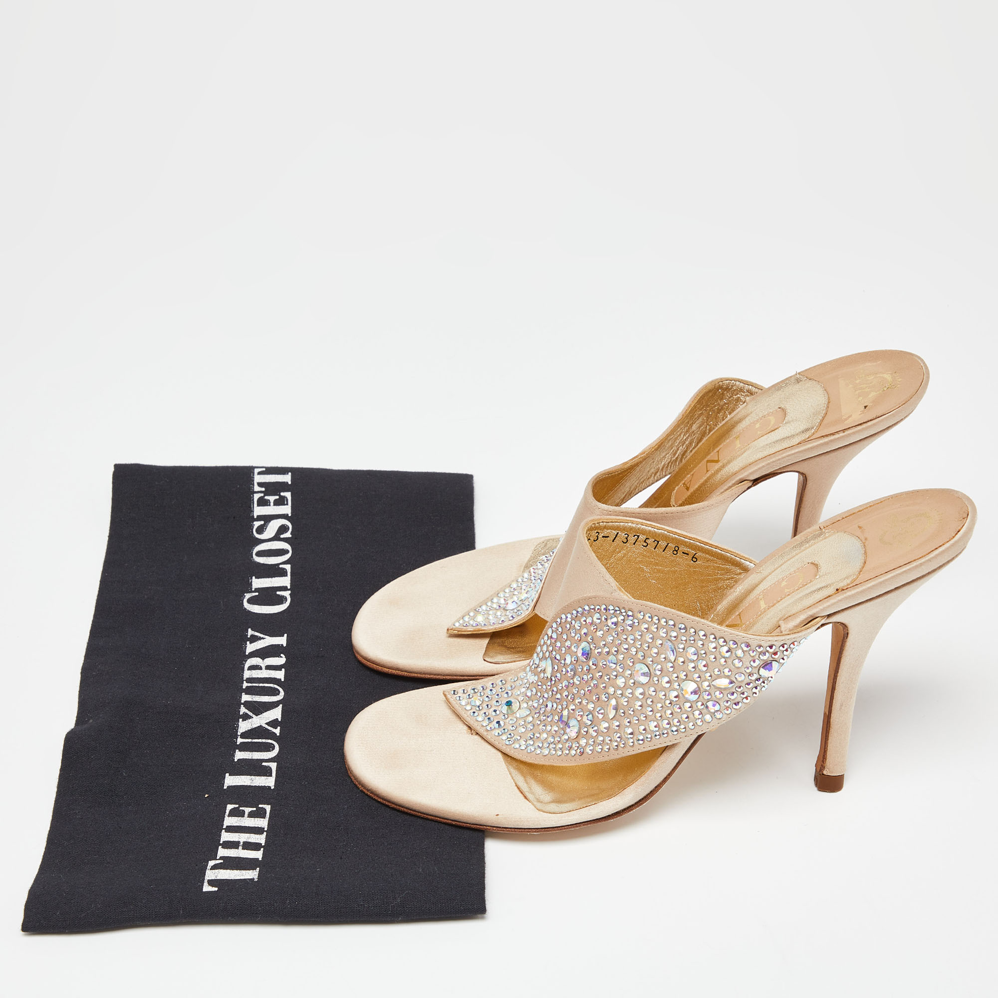 Gina Beige Satin Crystal Embellished Thong Sandals Size 39