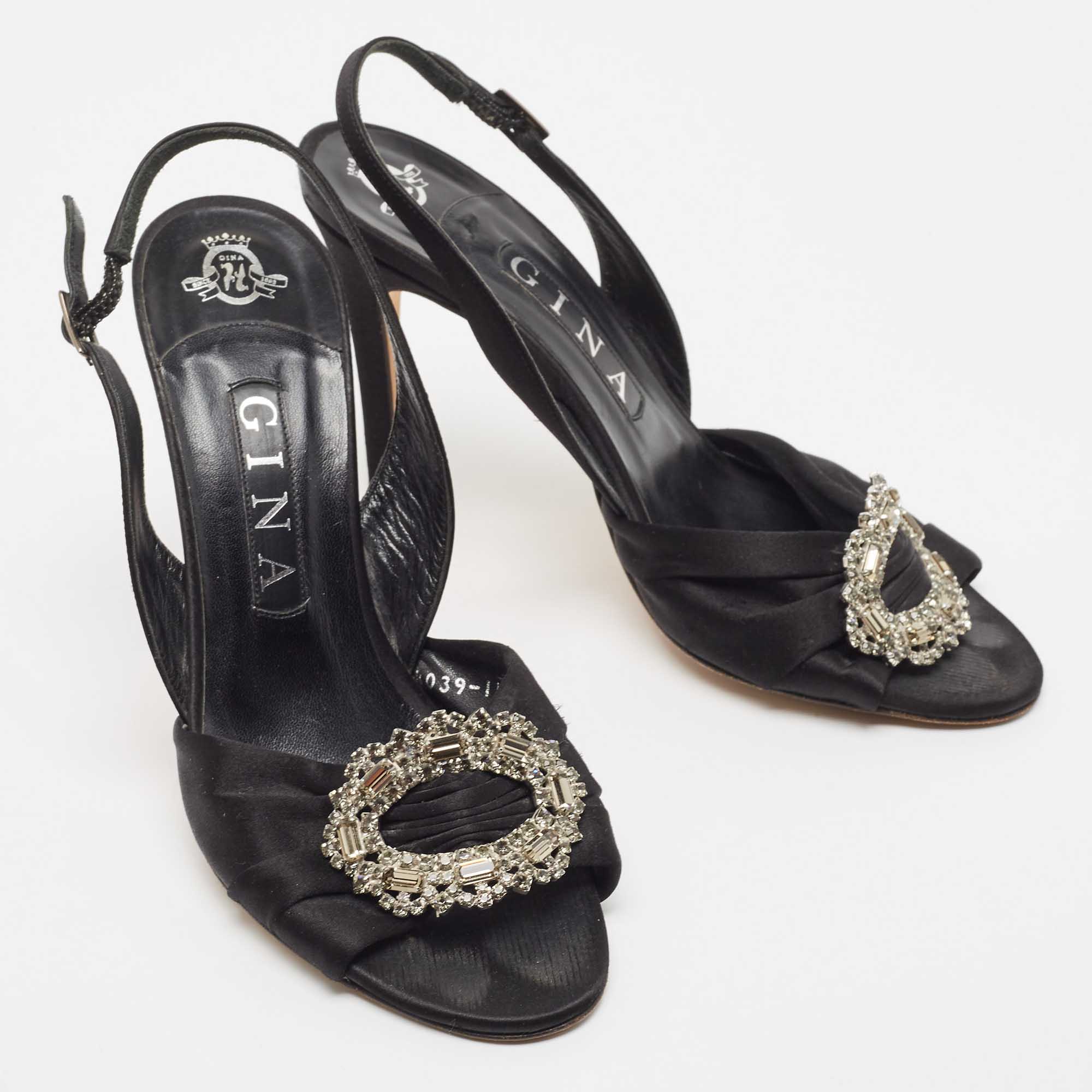 Gina Black Satin Crystal Embellished Slingback Sandals Size 38.5