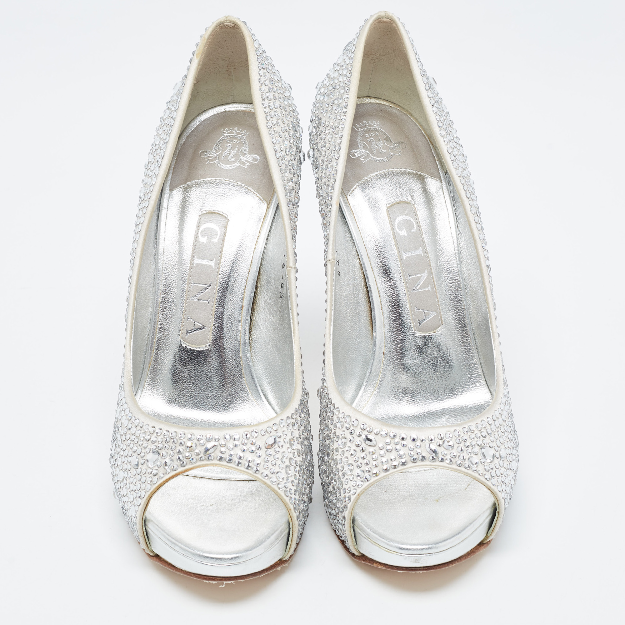 Gina Silver Satin Crystal Embellished Peep Toe Platform Pumps Size 37.5