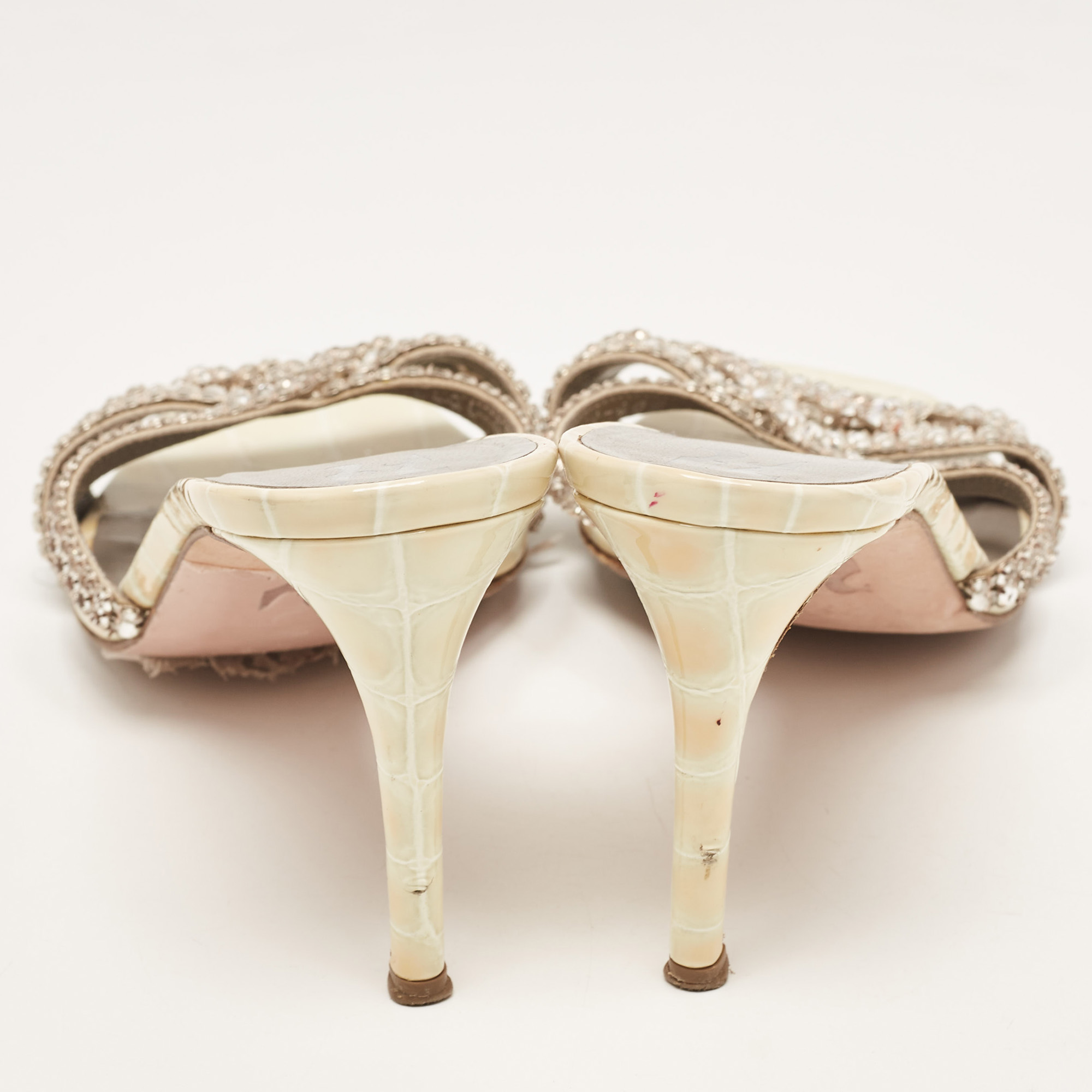 Gina Cream/Grey Croc Embossed Leather Crystal Embellished Slide Sandals Size 40.5