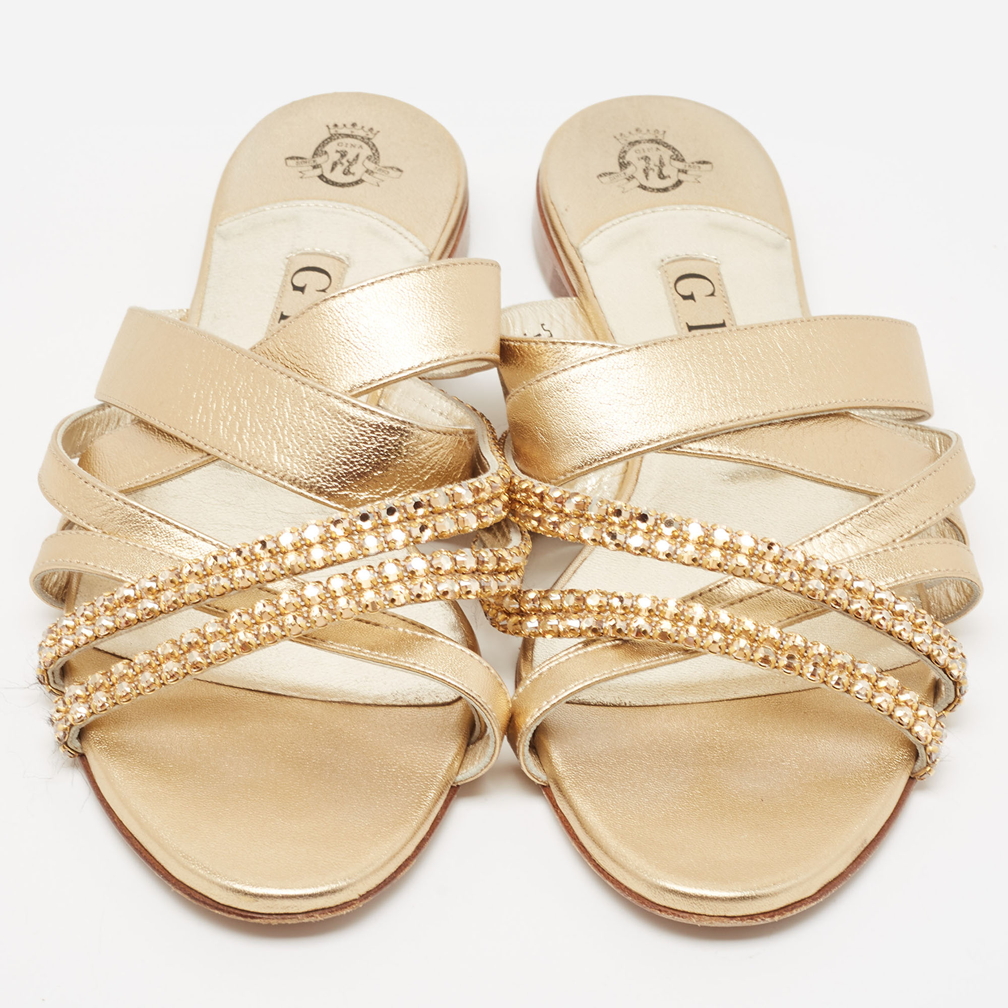 Gina Golden Leather Crystal Embellished Slide Sandals Size 38