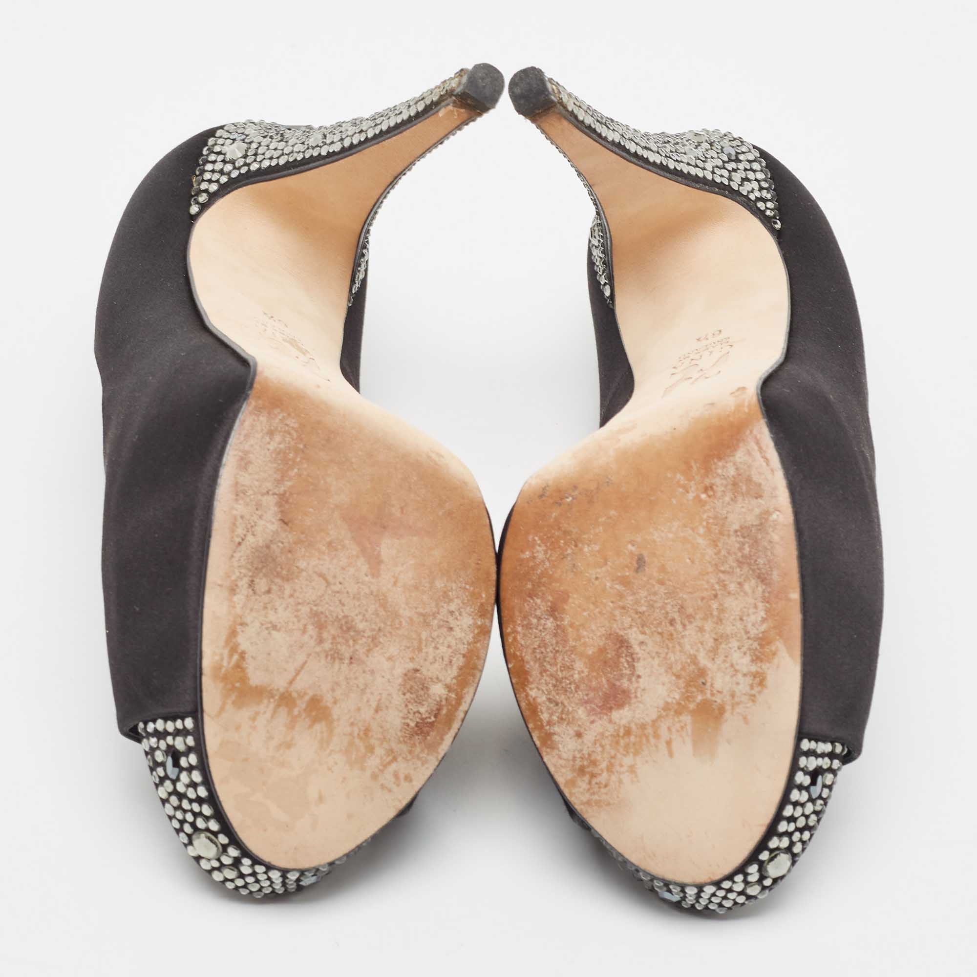 Gina Black Satin Jenna Crystal Embellished Heel Peep Toe Platform Pumps Size 39.5