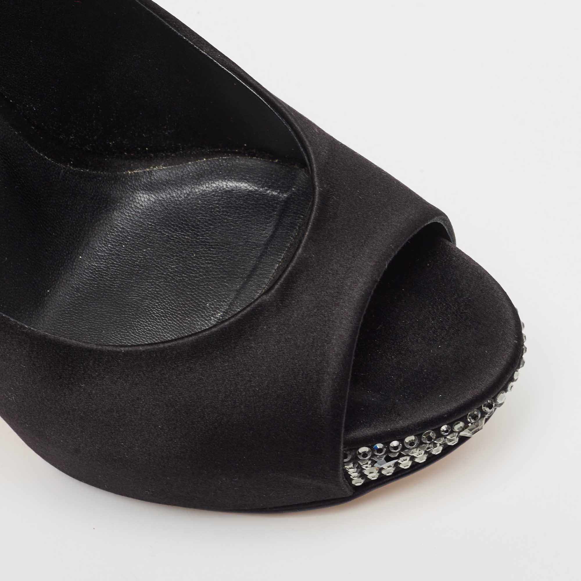 Gina Black Satin Jenna Crystal Embellished Heel Peep Toe Platform Pumps Size 39.5