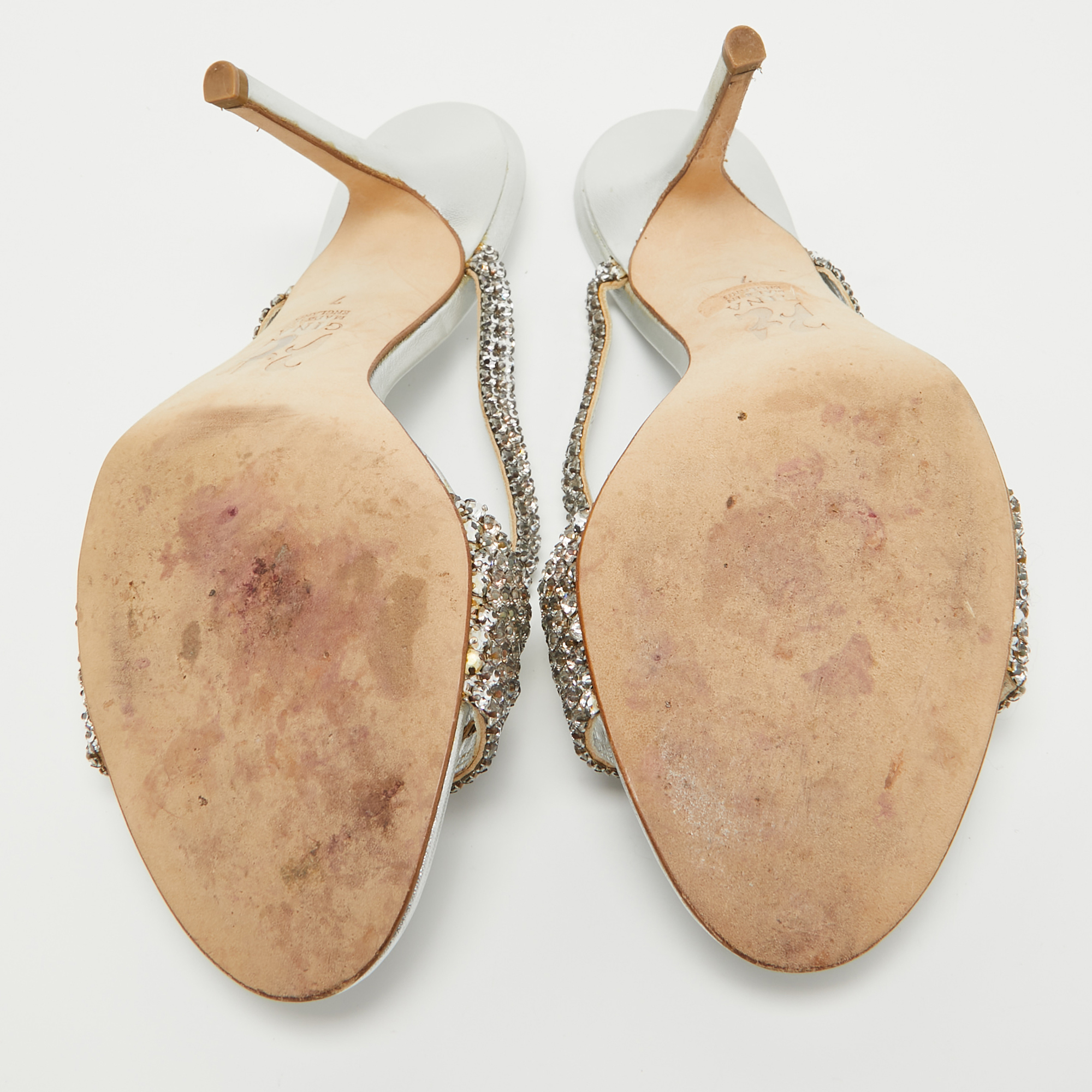 Gina Silver Leather Crystal Embellished Slide Sandals Size 40