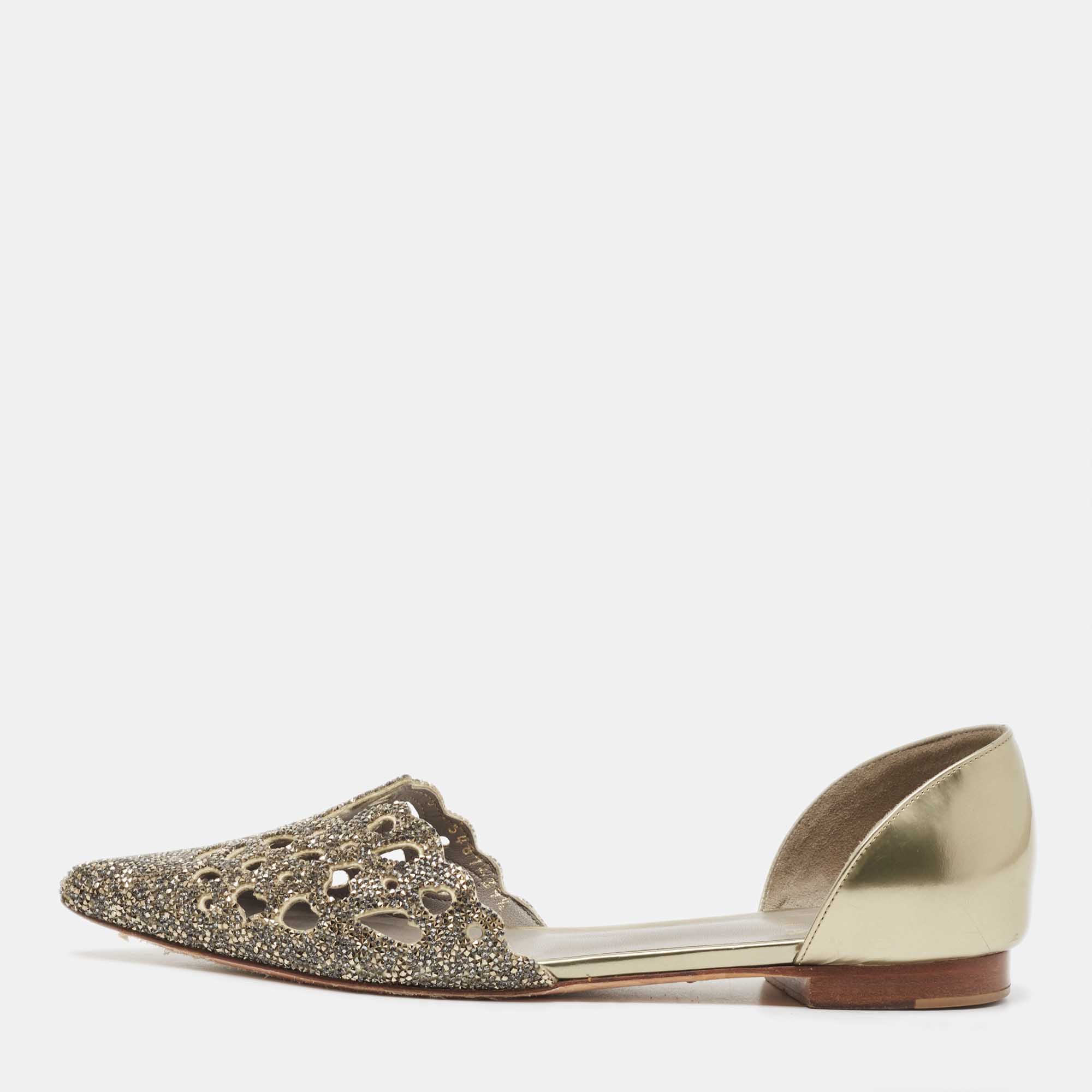 Gina metallic leather crystal embellished laser cut d'orsay flats size 39.5