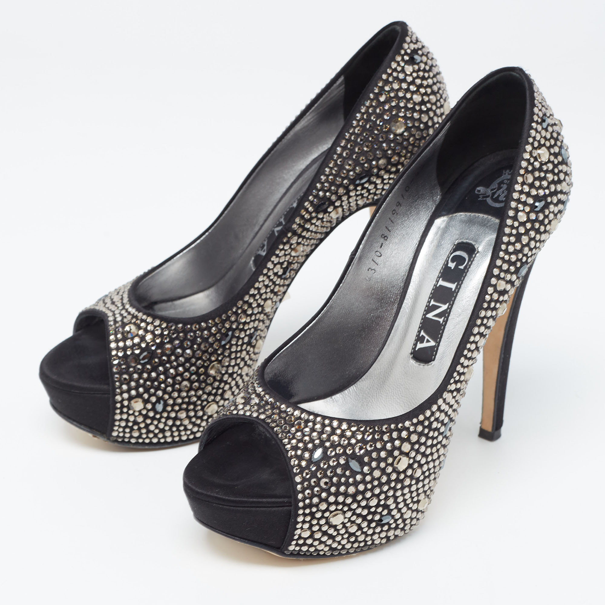 Gina Black Crystal Embellished Satin Platform Peep Toe Pumps Size 37.5