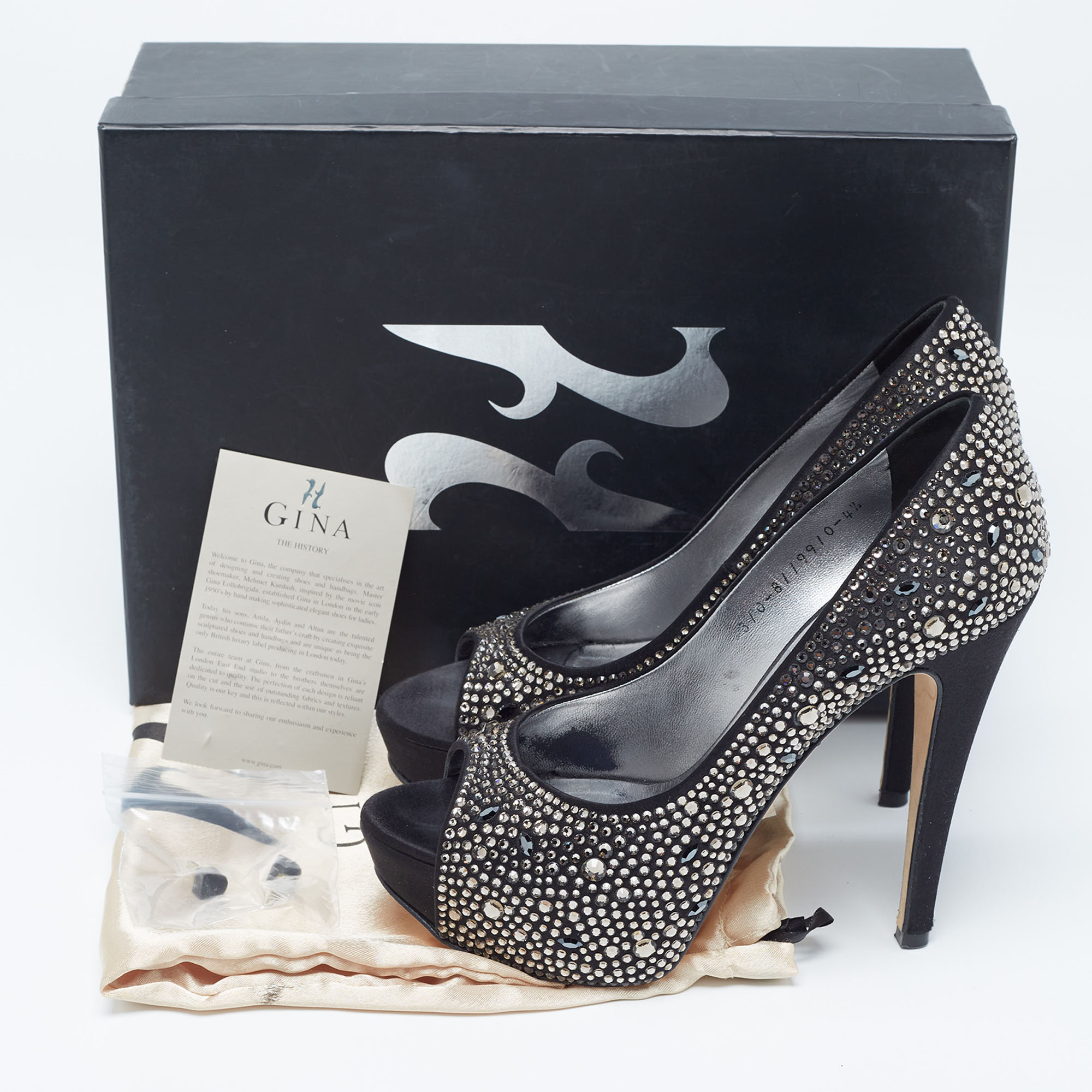 Gina Black Crystal Embellished Satin Platform Peep Toe Pumps Size 37.5