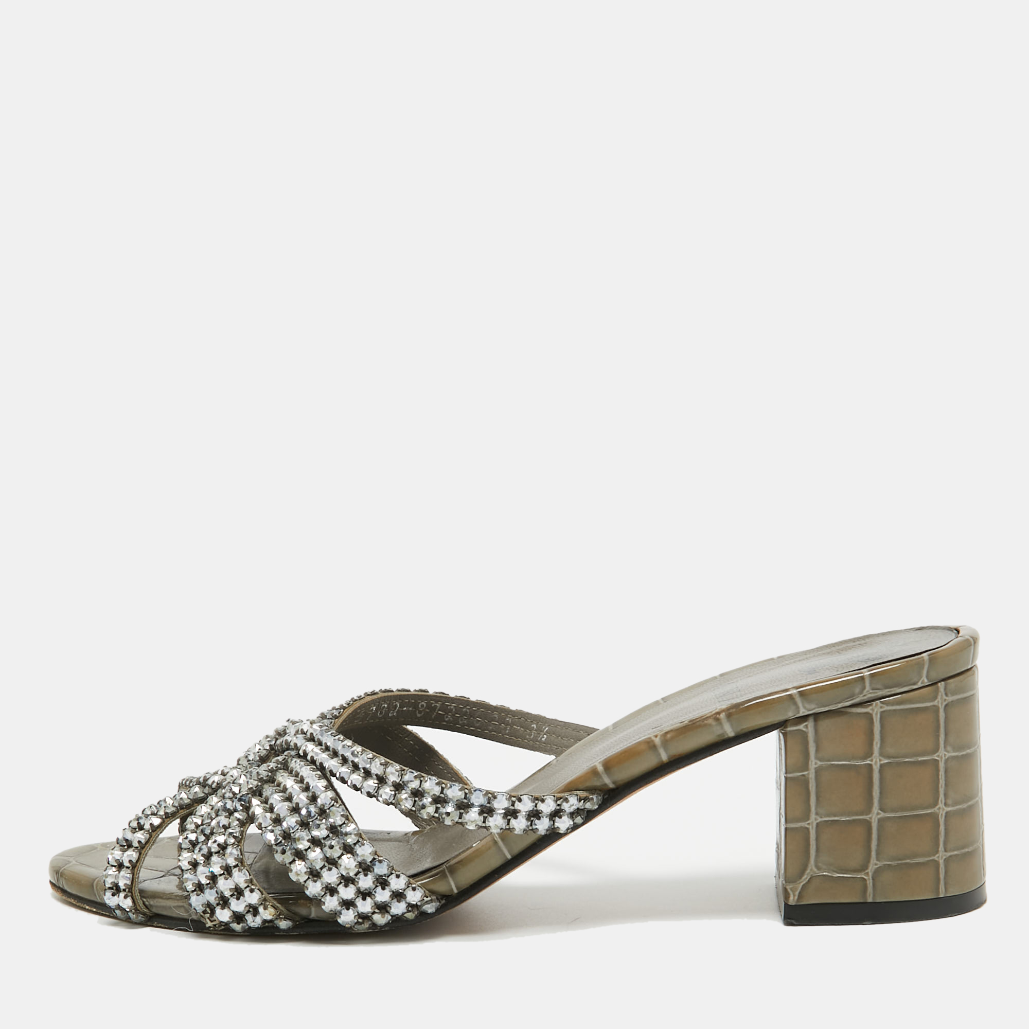 Gina Olive Green Crystal Embellished Leather Slide Sandals Size 36.5