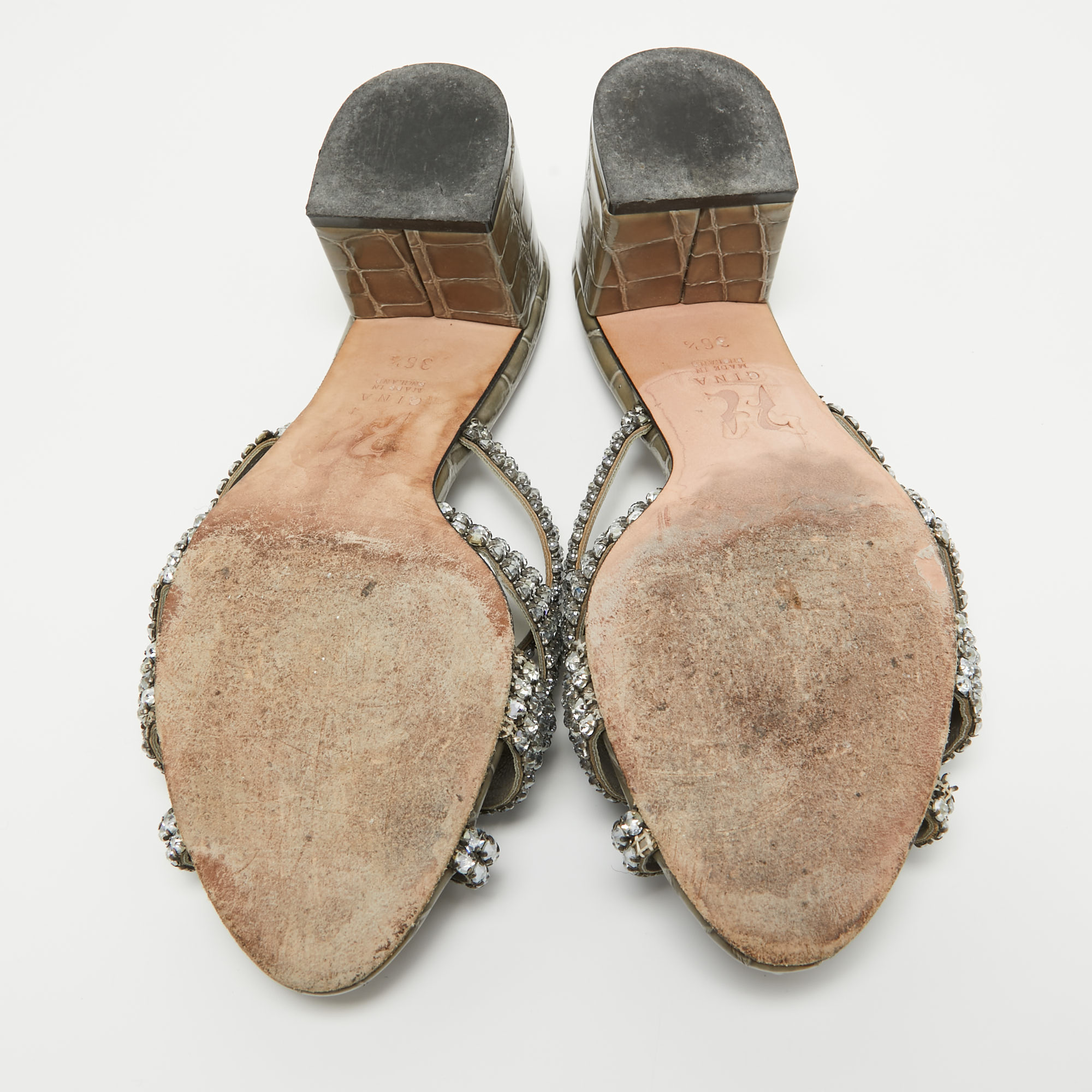 Gina Olive Green Crystal Embellished Leather Slide Sandals Size 36.5
