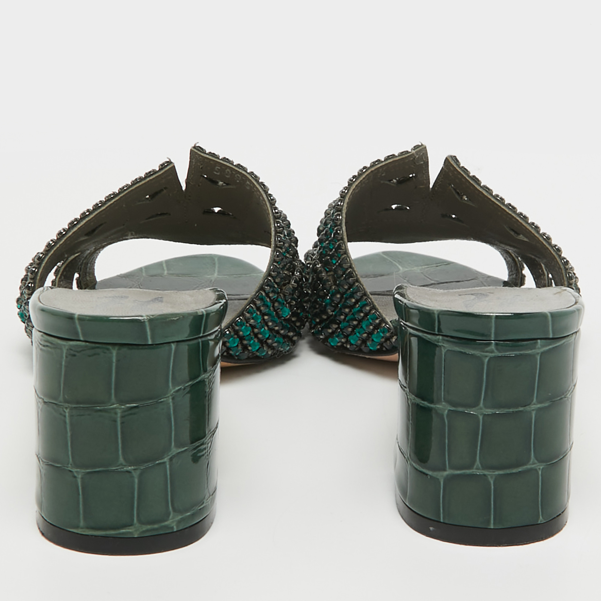 Gina Green Crystal Embellished Leather Slide Sandals Size 36.5
