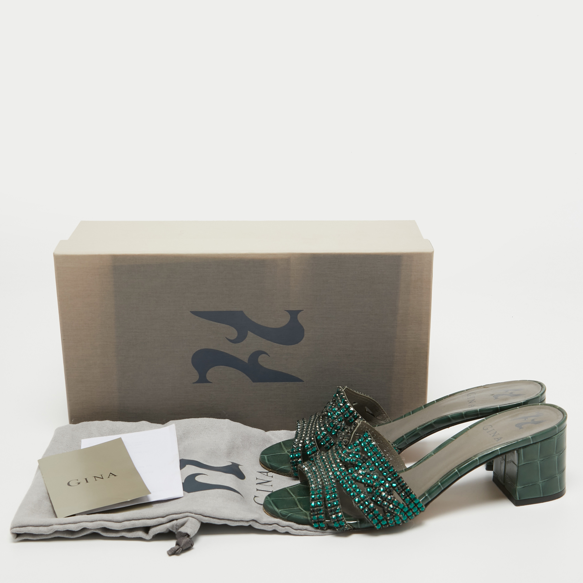 Gina Green Crystal Embellished Leather Slide Sandals Size 36.5
