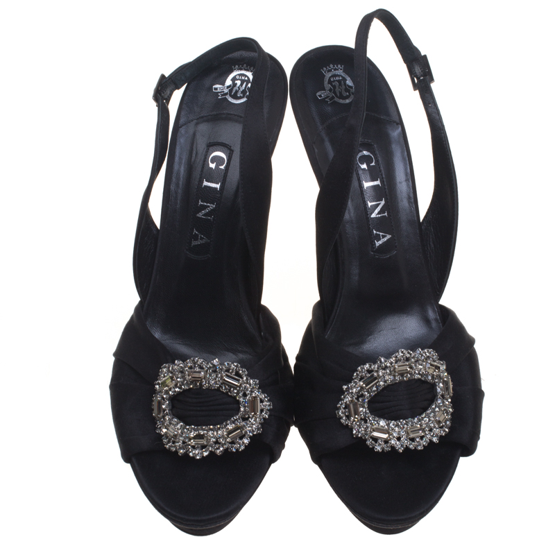 Gina Black Satin Brooch Embellished Slingback Sandals Size 39.5