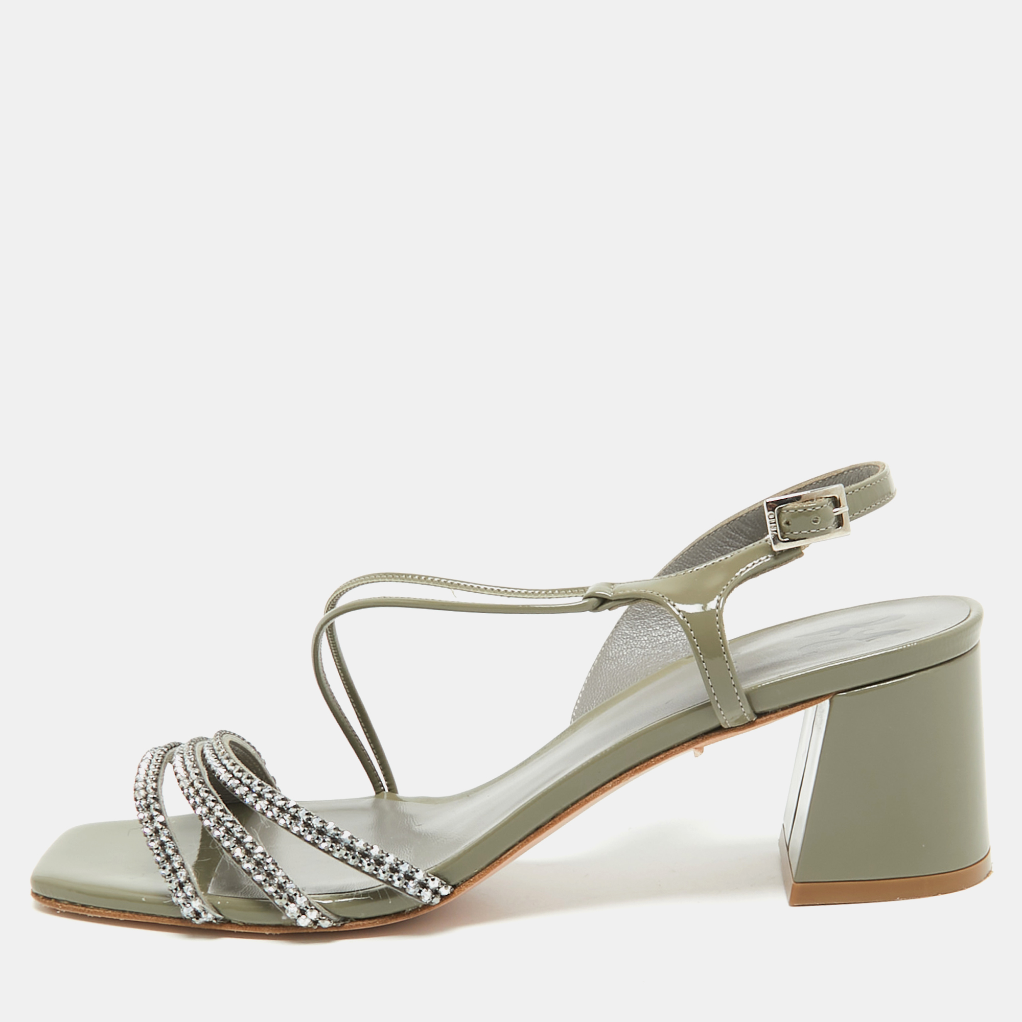 Gina grey patent leather crystal embellished slingback sandals size 37.5