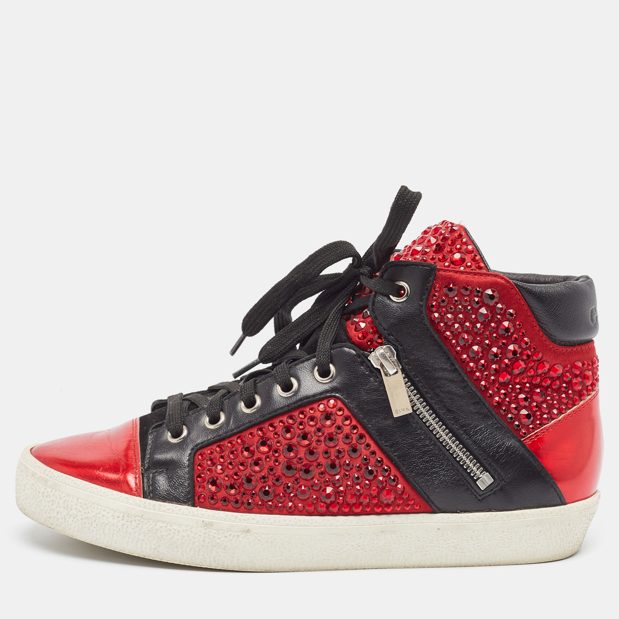Gina red/black leather crystal embellished high top sneakers size 39