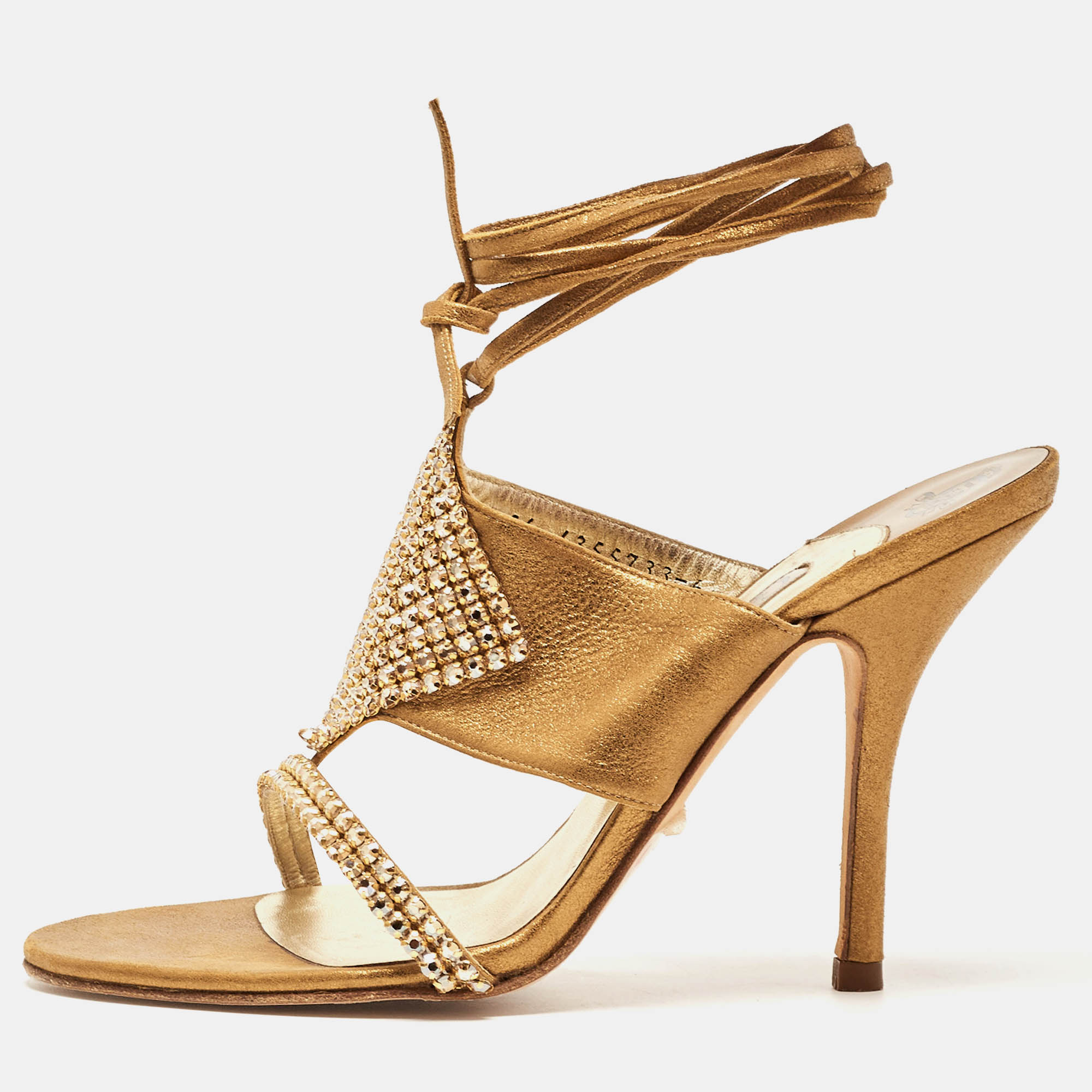 Gina gold texture suede crystal embellished ankle wrap sandals size 39