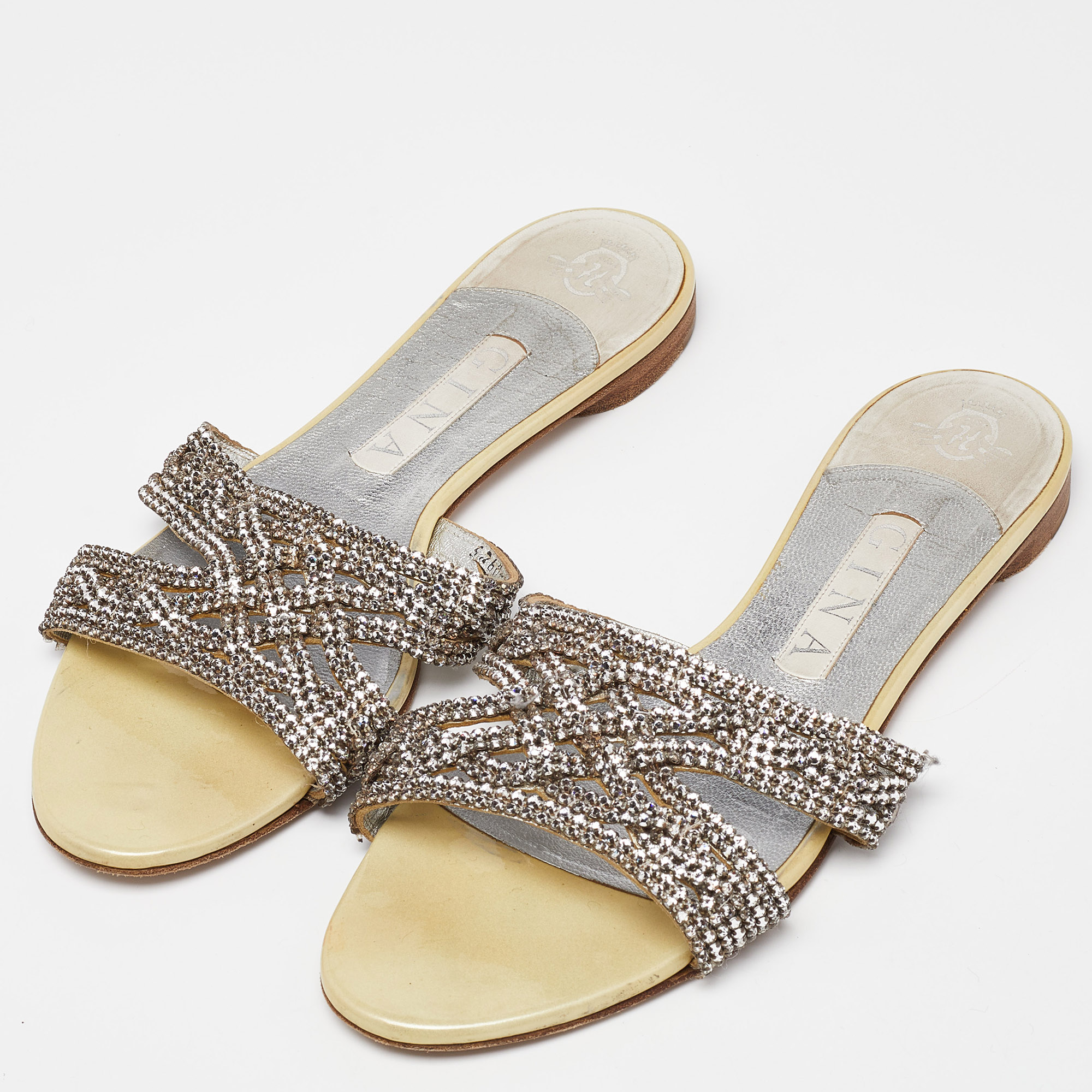 Gina Cream/Silver Crystal Embellished Leather Flat Slides Size 38.5