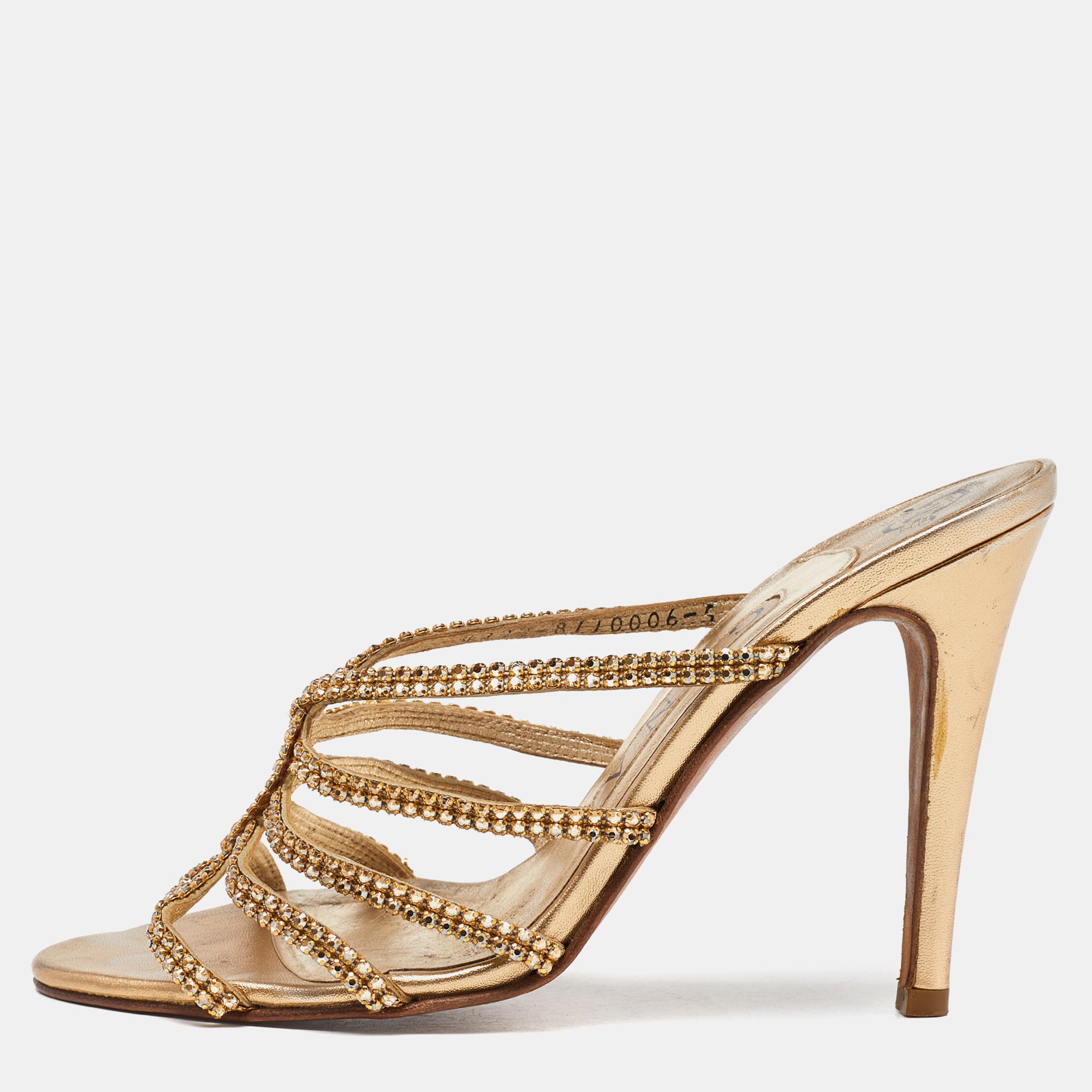 Gina gold crystal embellished leather strappy slide sandals size 38