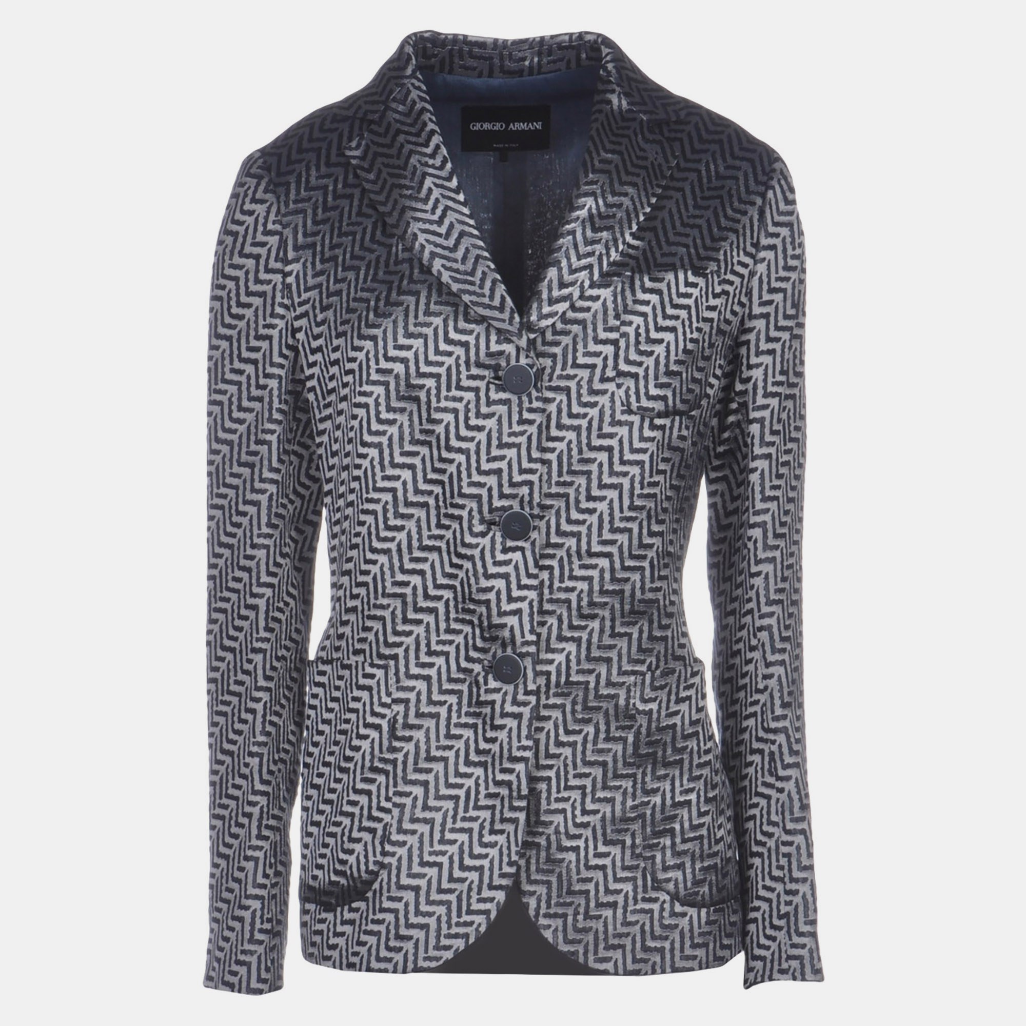 Giorgio armani silver/navy blue patterned linen-blend blazer it 44