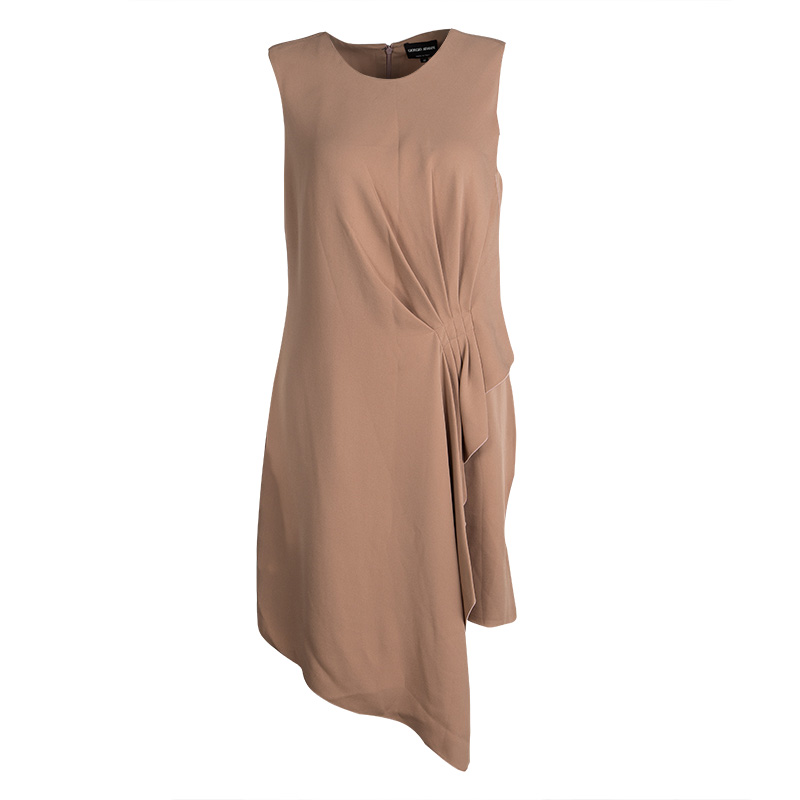 Image of Giorgio Armani Beige Silk Draped Pleat Detail Sleeveless Dress M