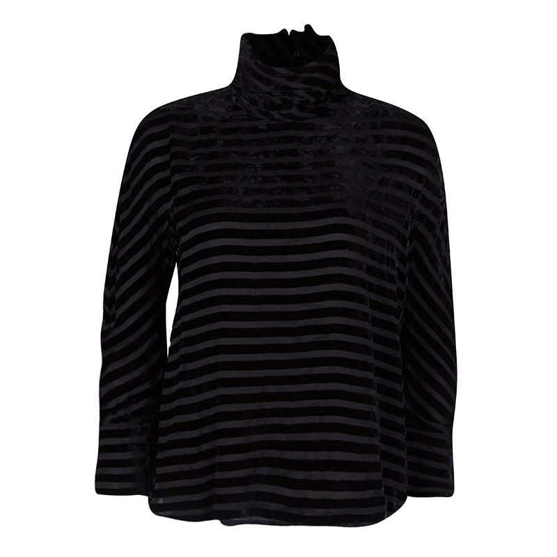 Image of Giorgio Armani Black Striped Velvet High Neck Long Sleeve Blouse S