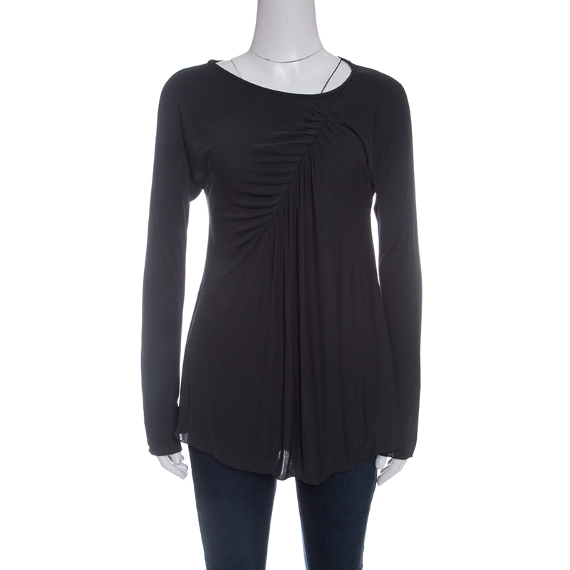 Image of Giorgio Armani Grey Knit Gathered Long Sleeve Top M