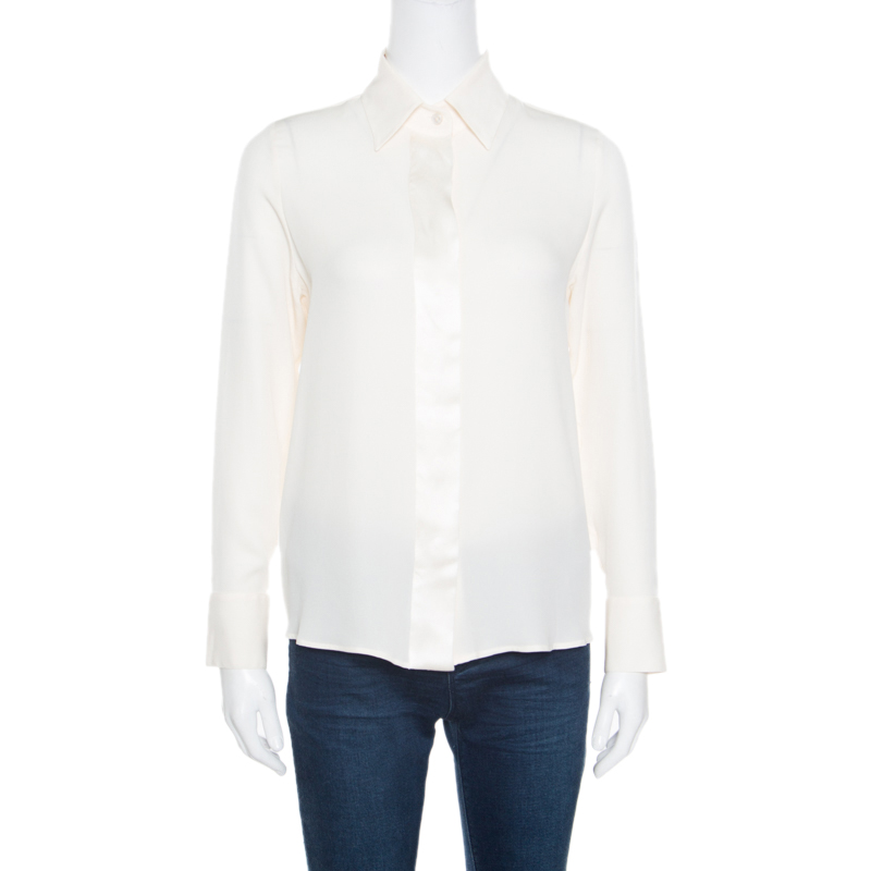 Image of Giorgio Armani Cream Silk Crepe Satin Placket Detail Long Sleeve Blouse S
