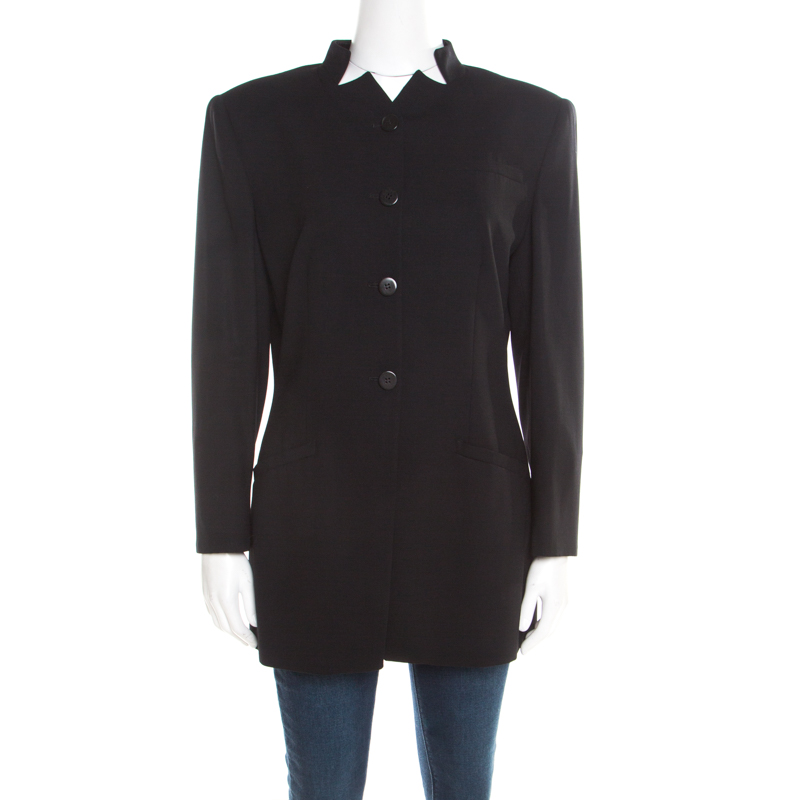 Image of Giorgio Armani Black Wool Mandarin Collar Blazer L