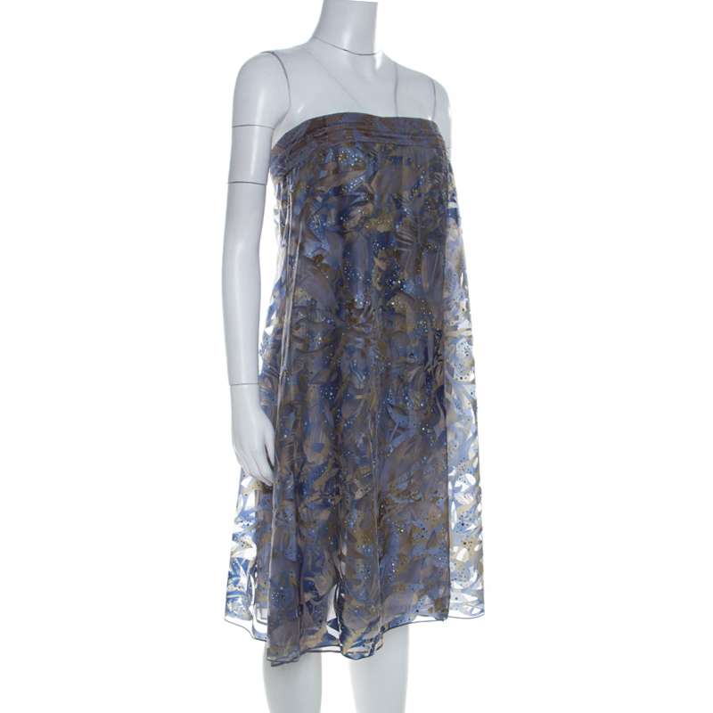 

Giorgio Armani Blue Patterned Tulle Crystal Embellished Strapless Dress