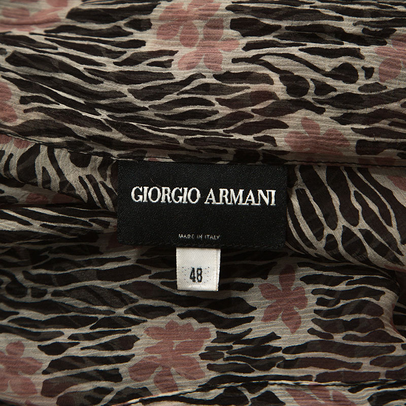 Giorgio Armani Black And Pink Floral Print Sheer Silk Blouse L