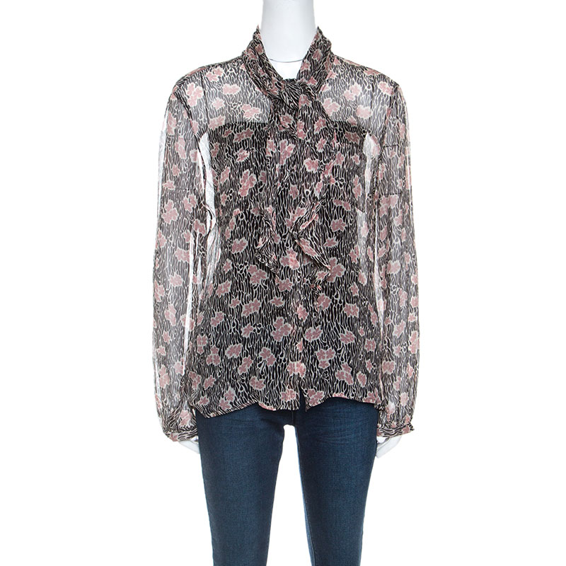 Giorgio Armani Black and Pink Floral Print Sheer Silk Blouse L
