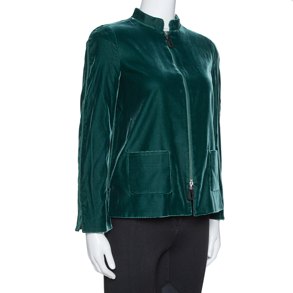 Giorgio Armani Emerald Green Velvet Zip Front Jacket S