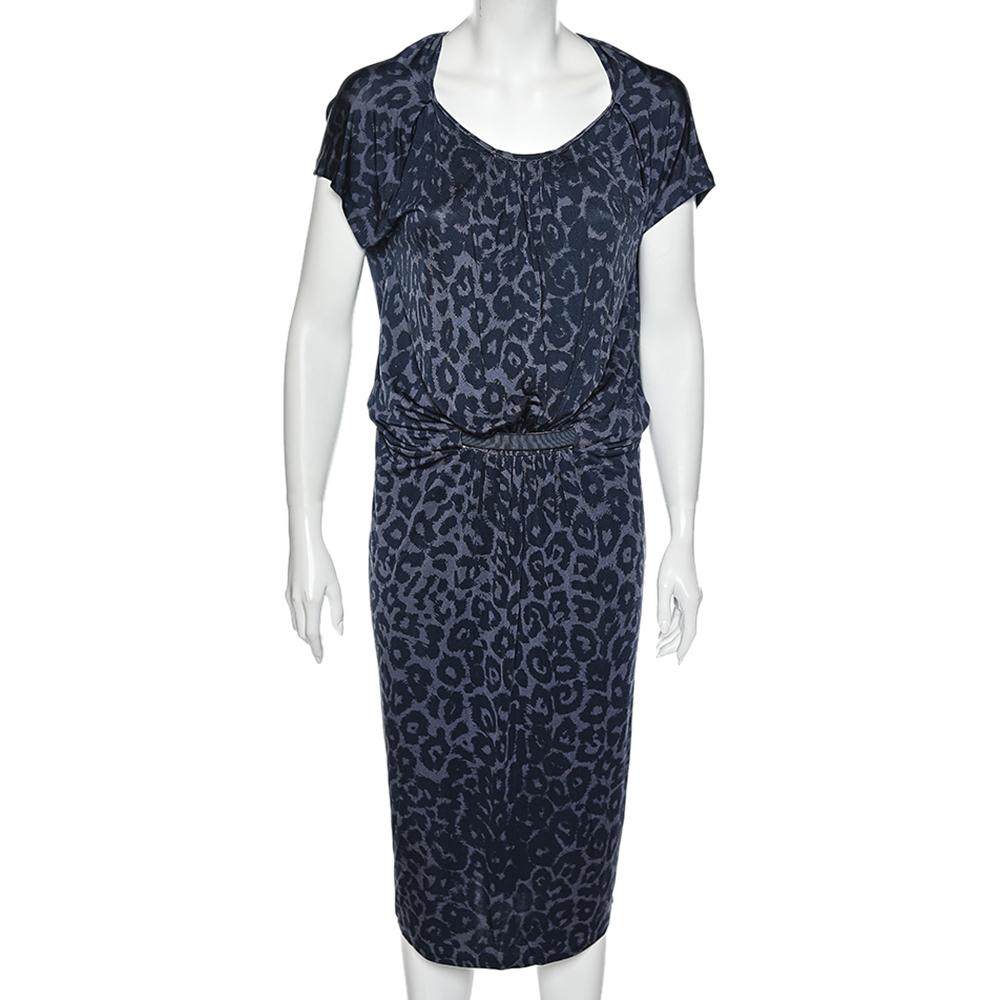 

Giorgio Armani Blue Animal Printed Silk Jersey Cut-Out Back Detailed Dress