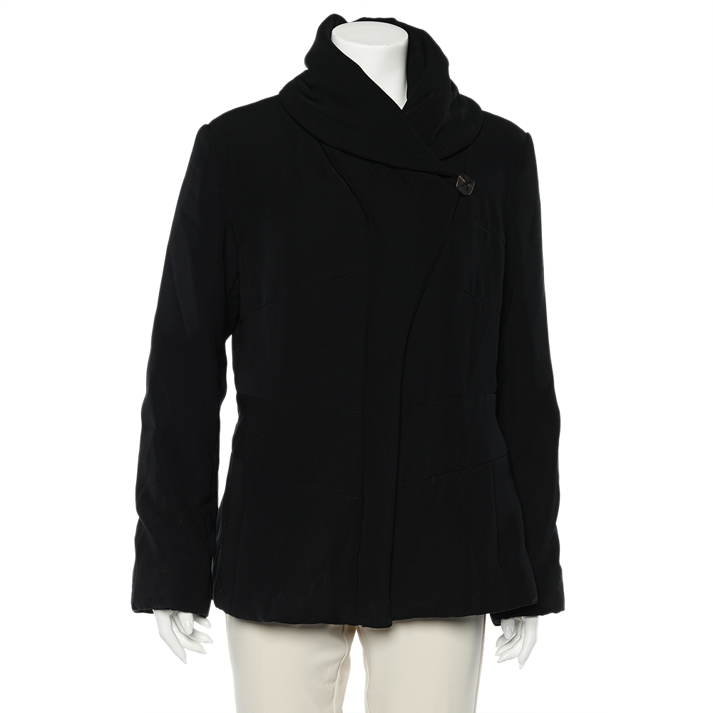 Giorgio Armani Black Quilted Oversized Collar Zip Front Jacket XL