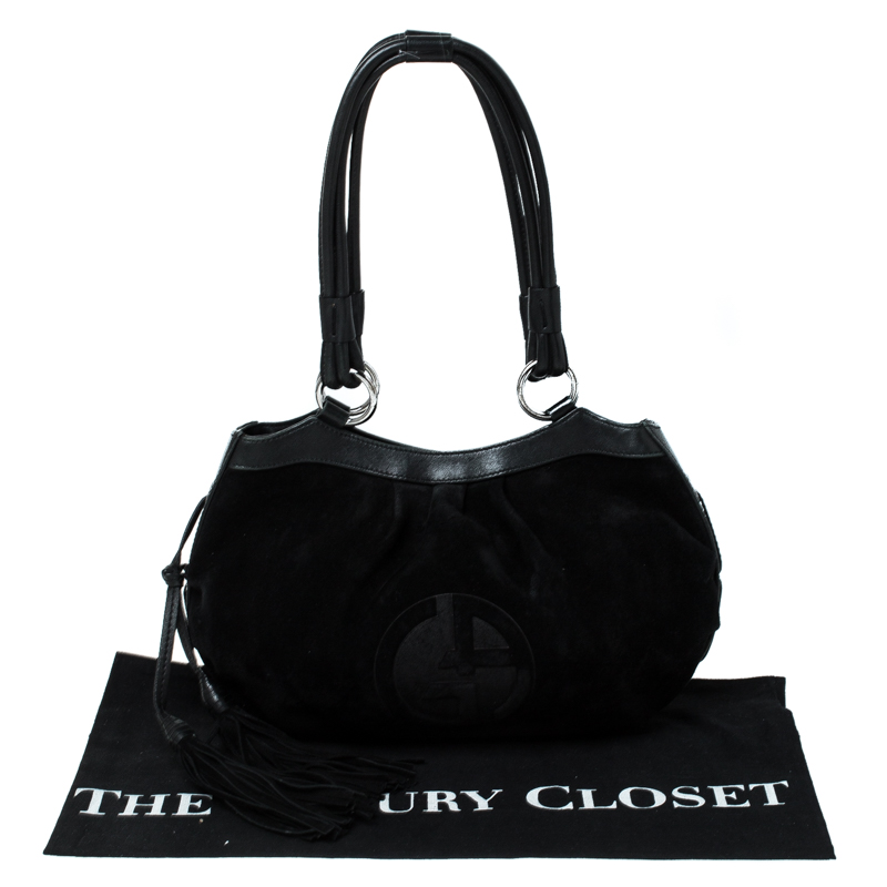 Giorgio Armani Black Suede And Leather Tassel Shoulder Bag
